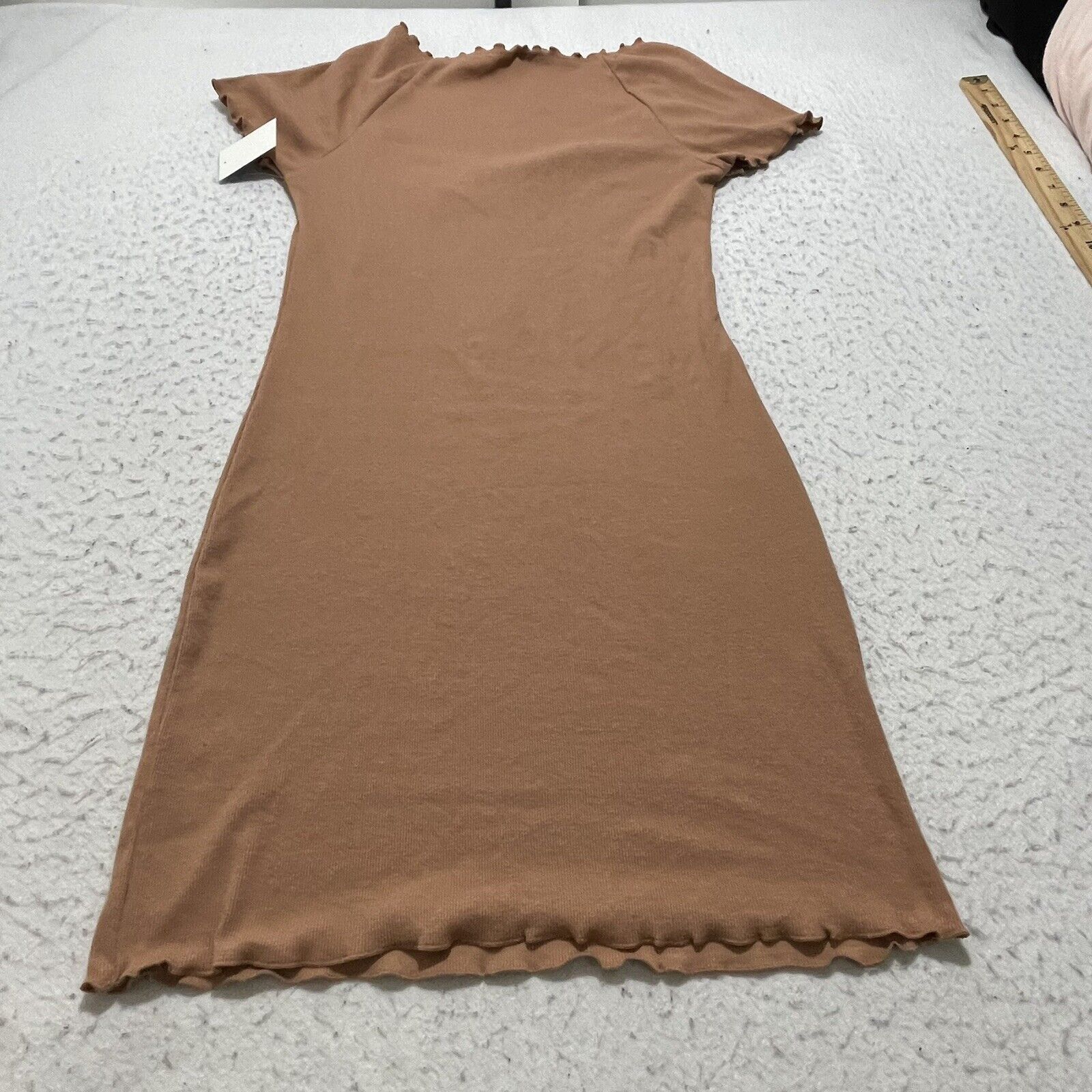 Nordstrom Abound Lettuce Edge Mini Dress Tan Ruched Organic Cotton Size M / US 6-8 / IT 42-44 - 11 Thumbnail