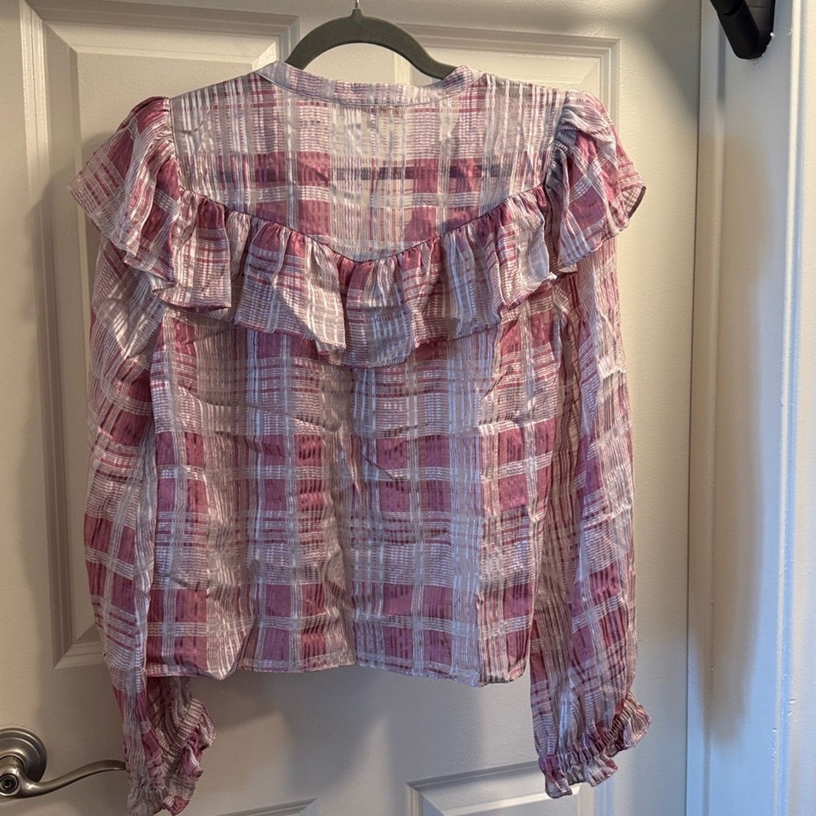 LoveShackFancy LoveShackFancy Pink and White Plaid Ruffle Blouse Size XS / US 0-2 / IT 36-38 - 5 Thumbnail
