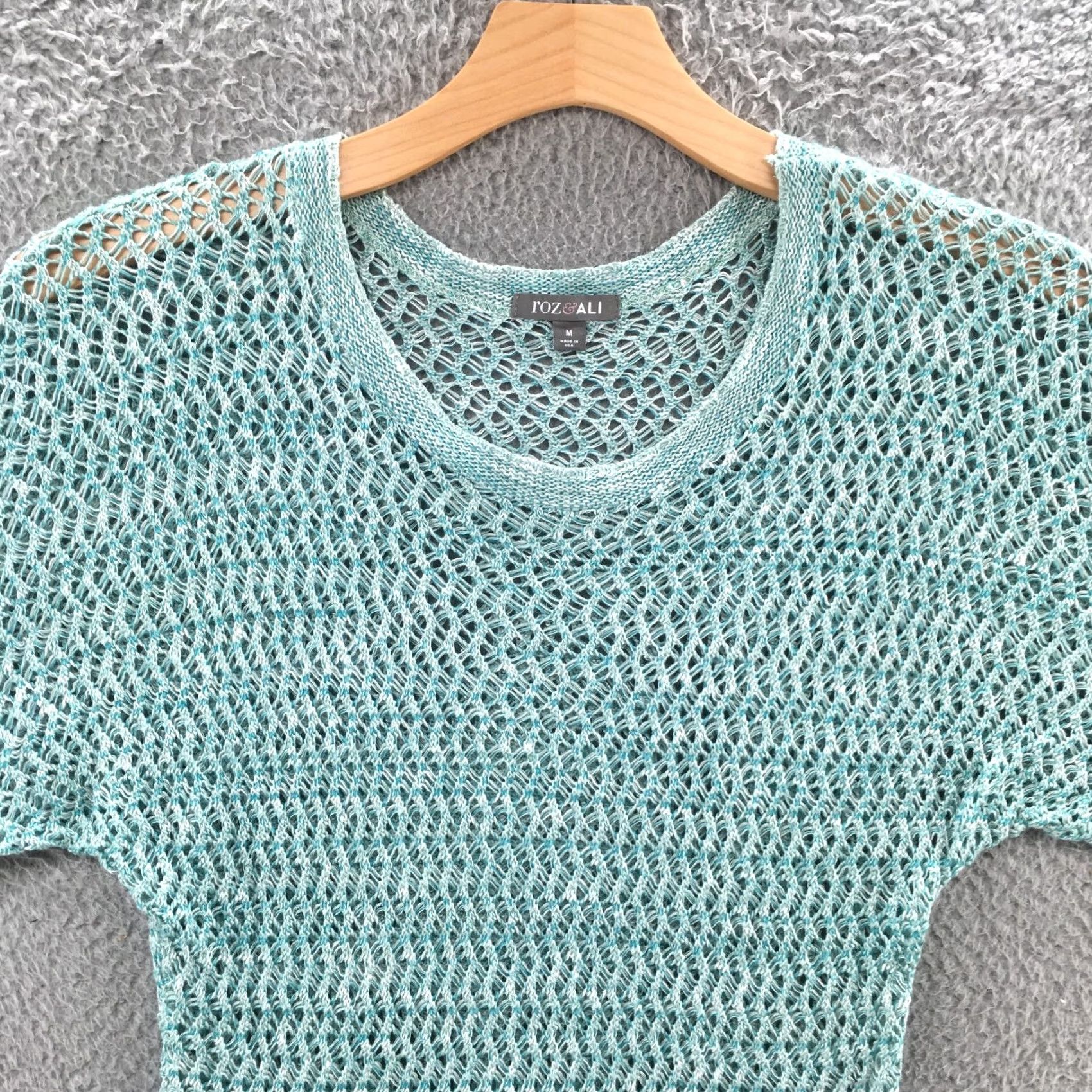 AQUA Roz & Ali Sweater Womens M Blue Sleeves Short Sleeve Open Knit Casual Shirt Top Blouse Knit Open Crochet All Seasons Lightweight Regular Size M / US 6-8 / IT 42-44 - 2 Thumbnail