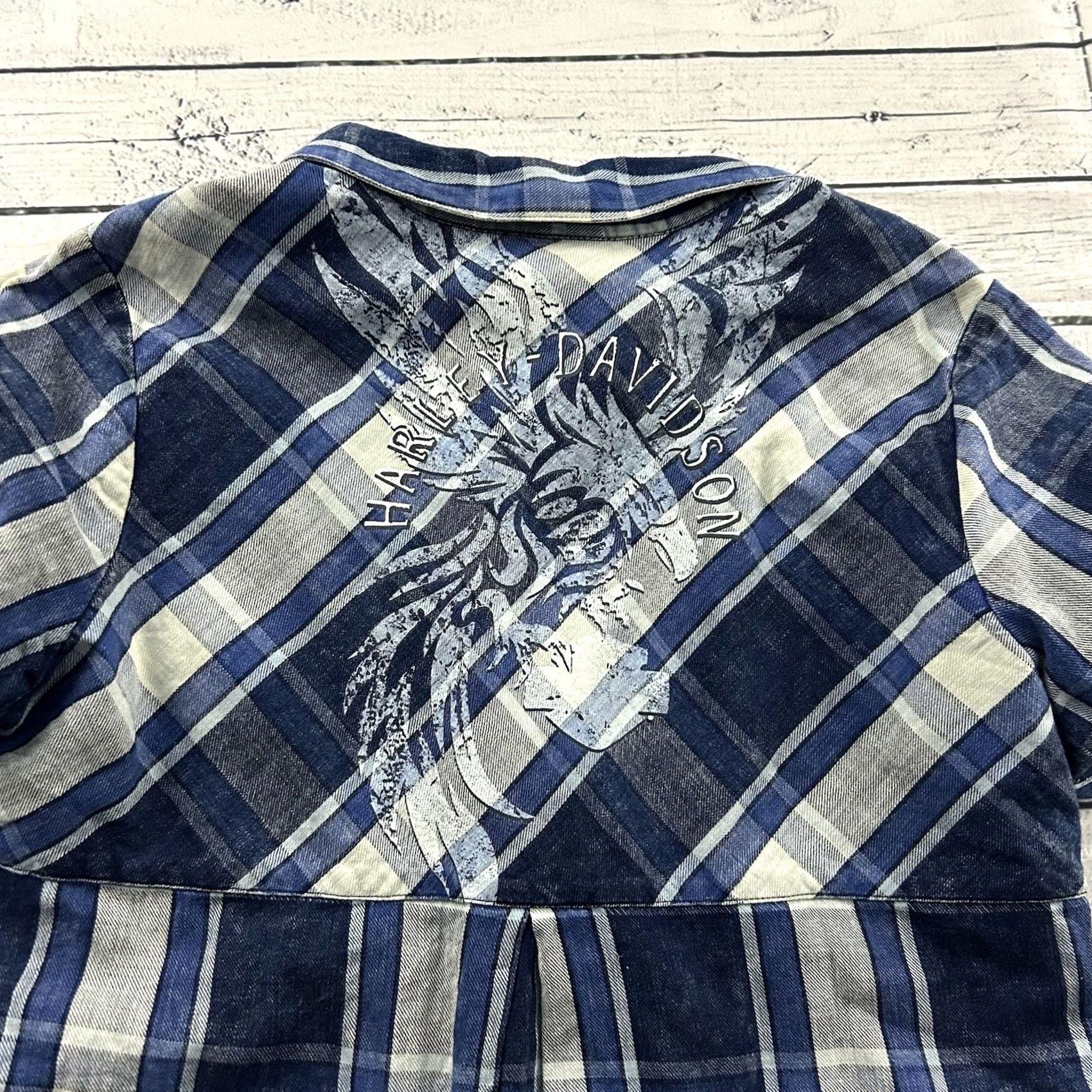 Harley Davidson Harley-Davidson Short Sleeve Plaid Snap Button-Up Shirt Women's L Blue Size L / US 10 / IT 46 - 6 Thumbnail