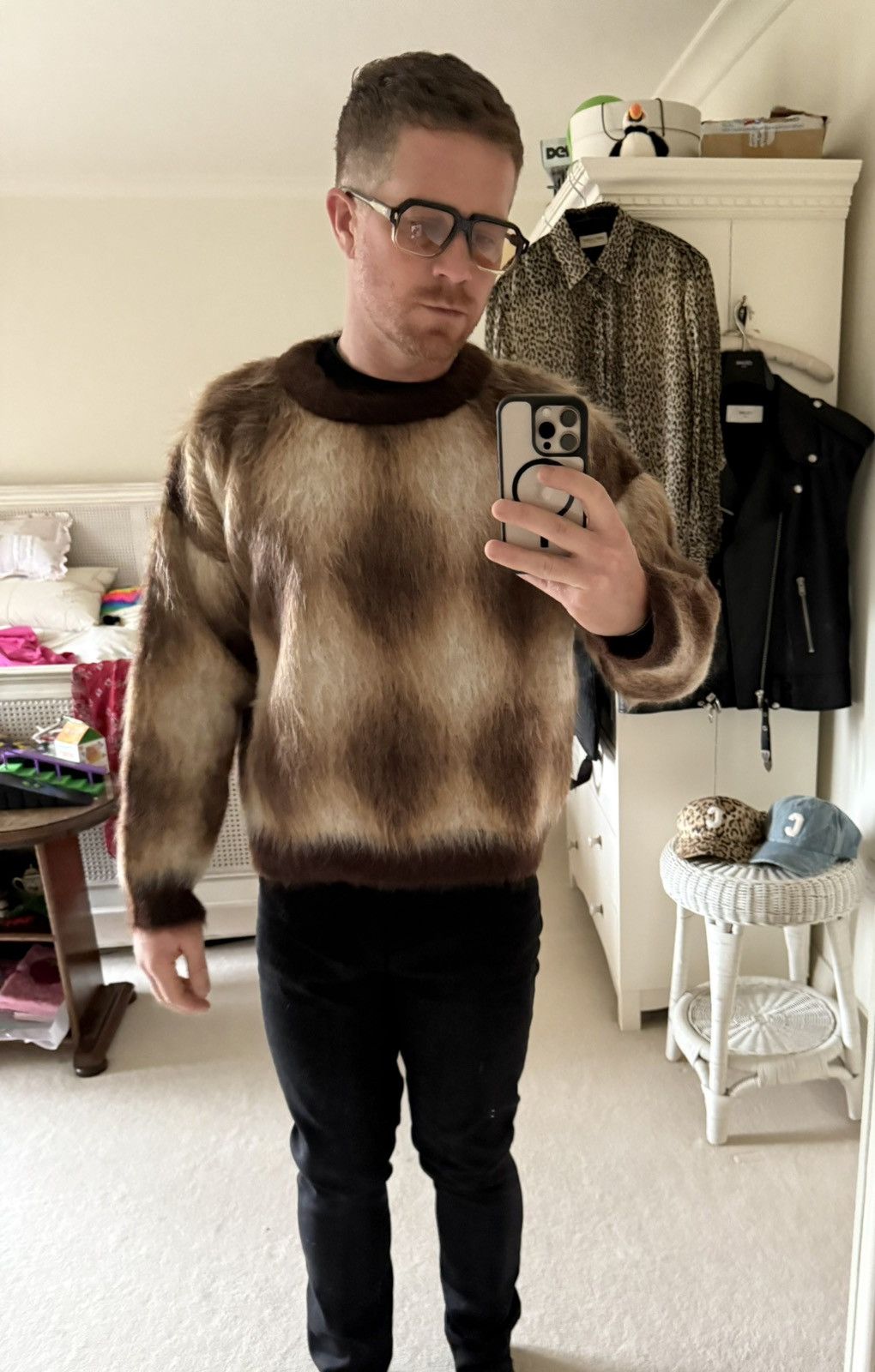 Celine $1.4k FW22 Celine argyle mohair blend fuzzy sweater M Hedi Size US M / EU 48-50 / 2 - 15 Thumbnail