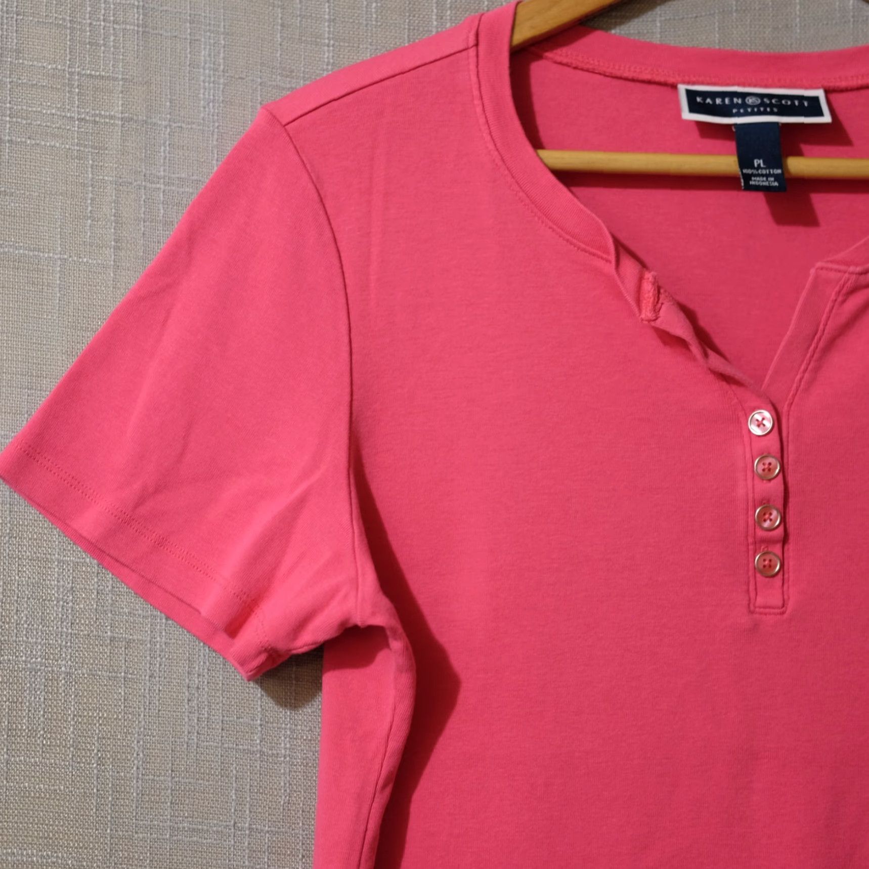 Vintage Karen Scott Blouse Short Sleeve Henley Neck Womens Pink MEGENTA PL #A7-10 Size L / US 10 / IT 46 - 2 Thumbnail
