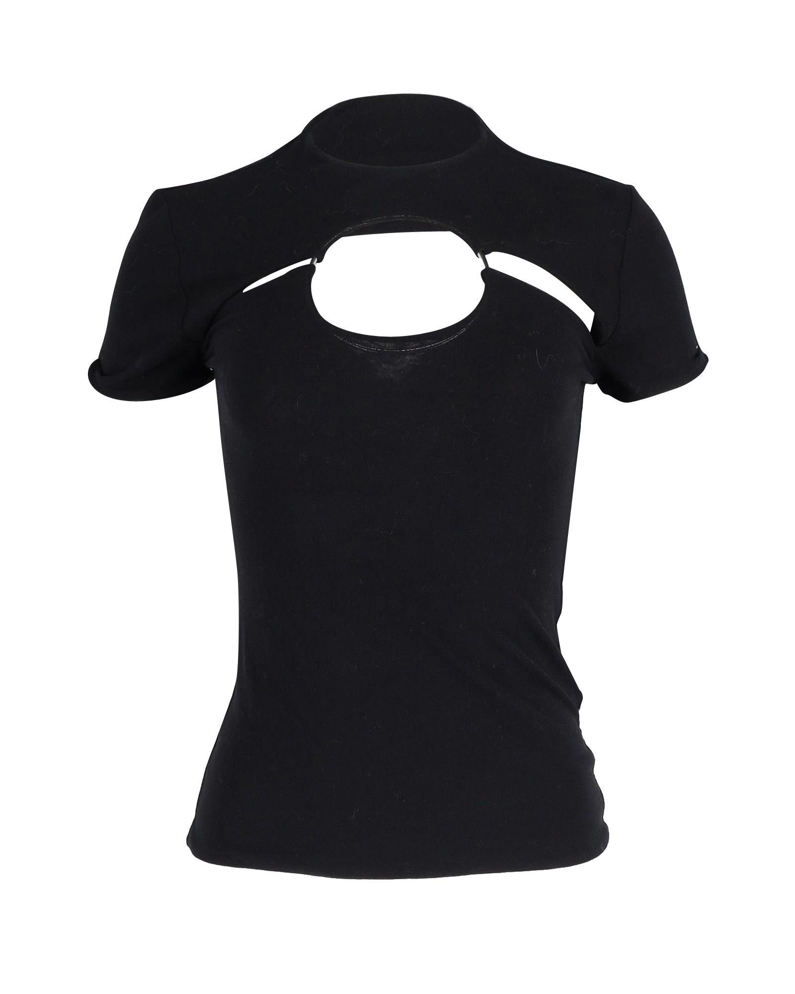 image of Balmain Contemporary Black Cotton Cut Out T-Shirt With Metal Ring, Women's (Size XS)