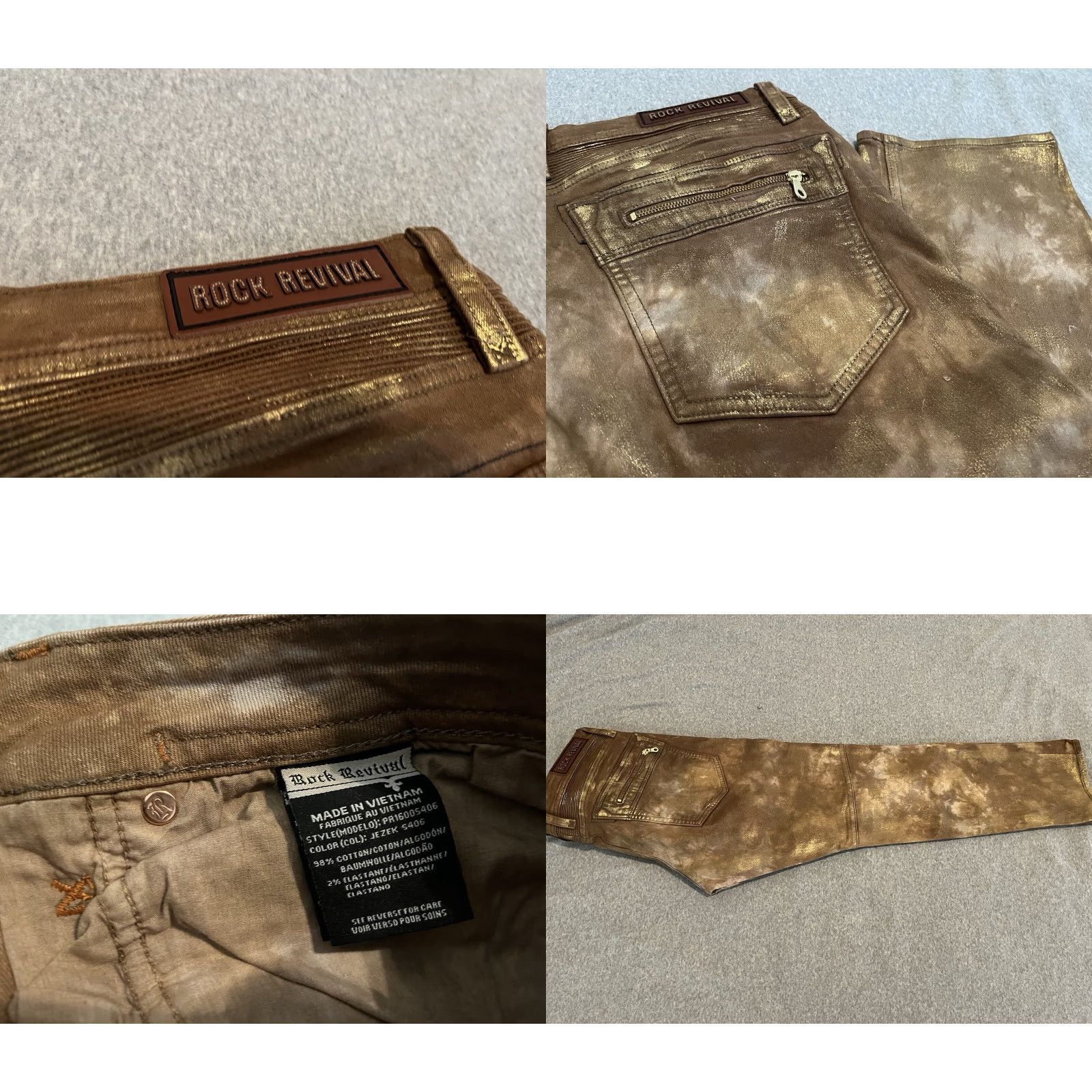 Vintage Rock Revival Jeans Distressed Gold Mens 38x33 NWT Moto Jezek Denim Biker Cotton/Elastane Jeans Mens Distressed Gold 38x33 NWT Size US 38 / EU 54 - 8 Thumbnail