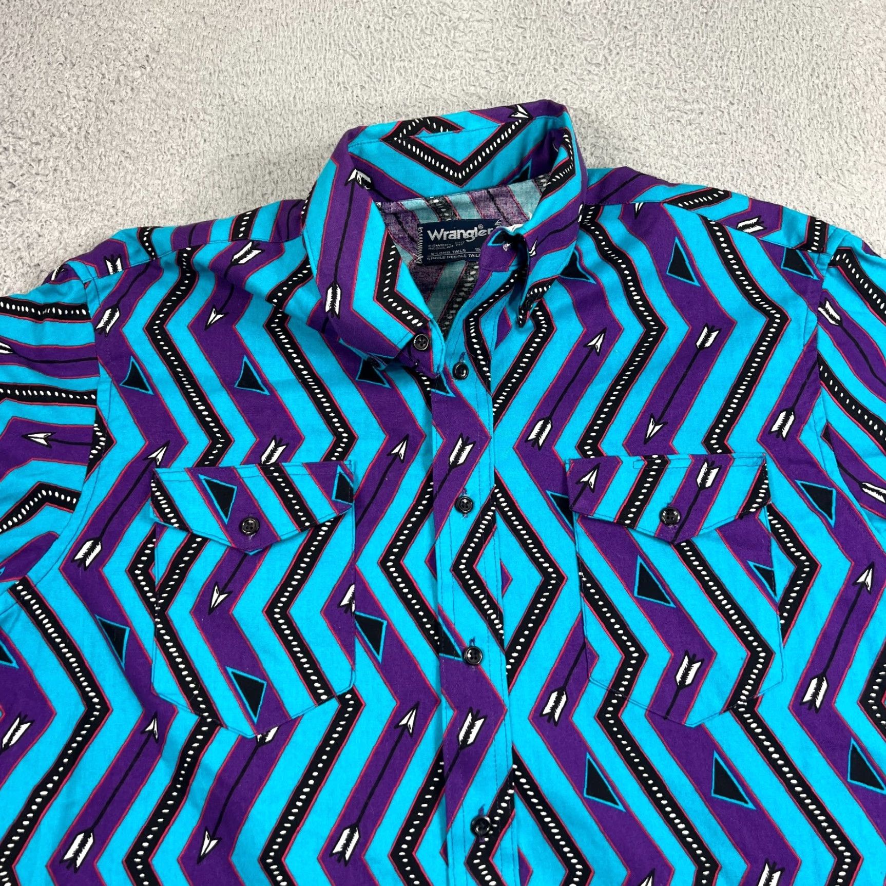 Wrangler VINTAGE Wrangler Shirt Mens L Teal Chevron Arrows Aztec Cowboy Cut Button-Up Long Sleeve Size US L / EU 52-54 / 3 - 2 Thumbnail