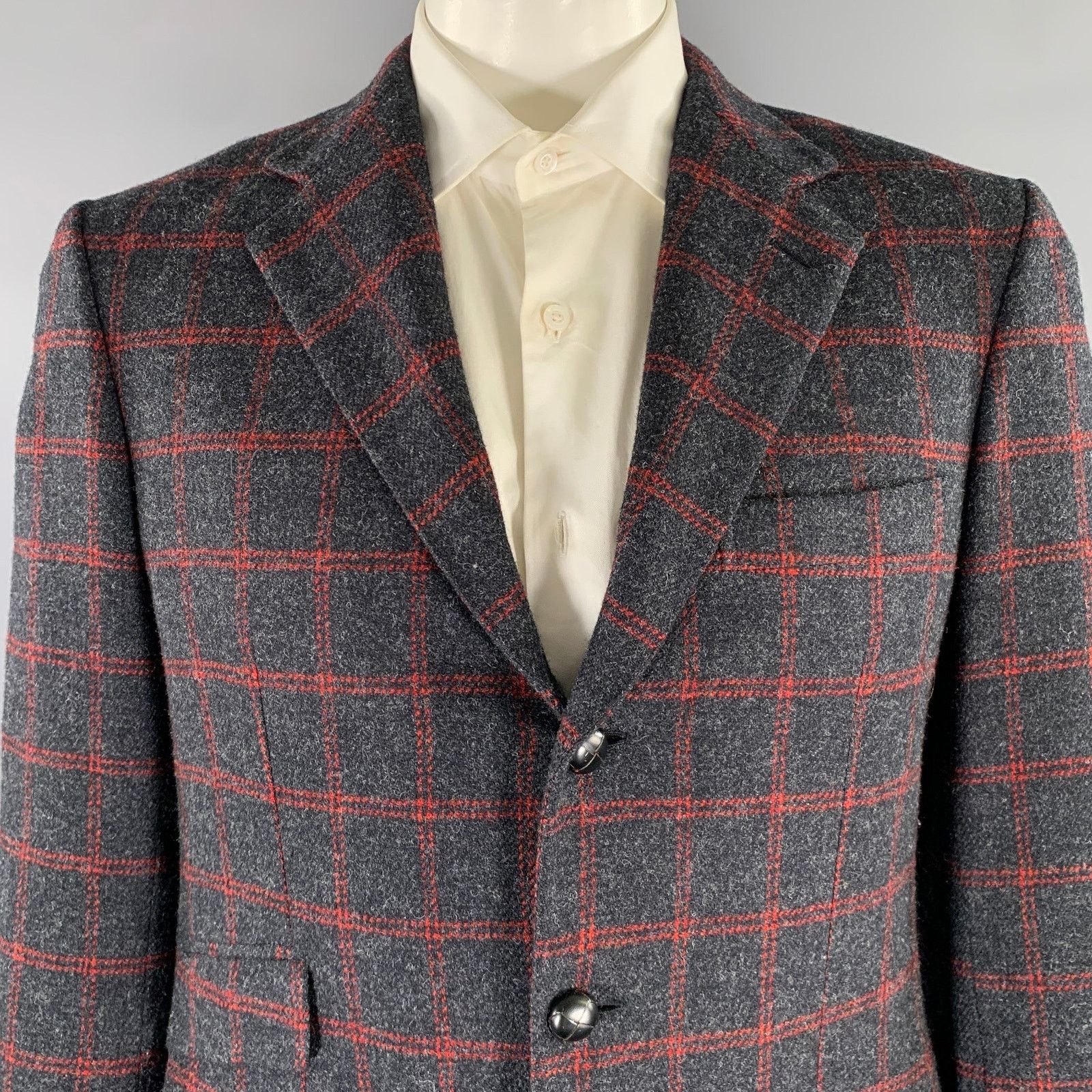 Brioni BRIONI Regular Grey Red Window Pane Wool Sport Coat Size 40R - 2 Thumbnail