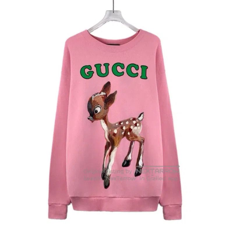 Gucci Pink floral deer printed cotton round-neck long-slee