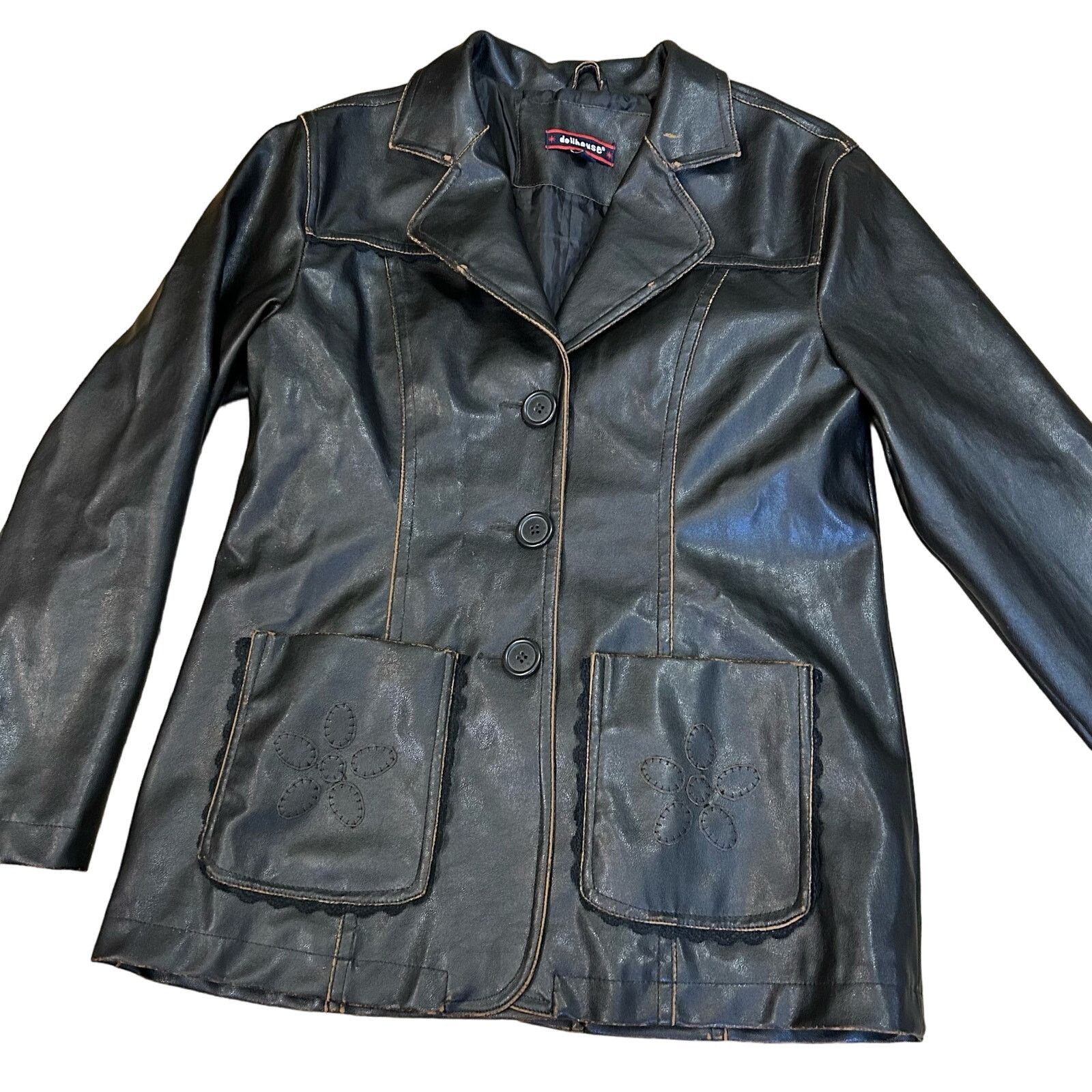 Vintage Y2K 90s Faux Leather Brown Pleather Jacket Lace Distressed Size M / US 6-8 / IT 42-44 - 1 Thumbnail
