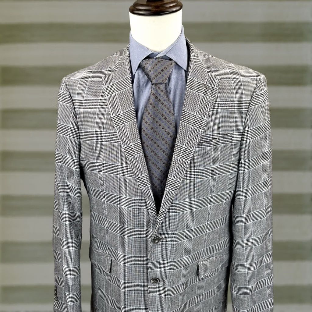 Jos. A. Bank Jos A Bank Blazer Mens 40L White Navy Glen Plaid Sport Coat Cotton Linen Blend Regular Long Notch JAB 80s 90s Classic Designer USA Mens Size 40R - 1 Thumbnail