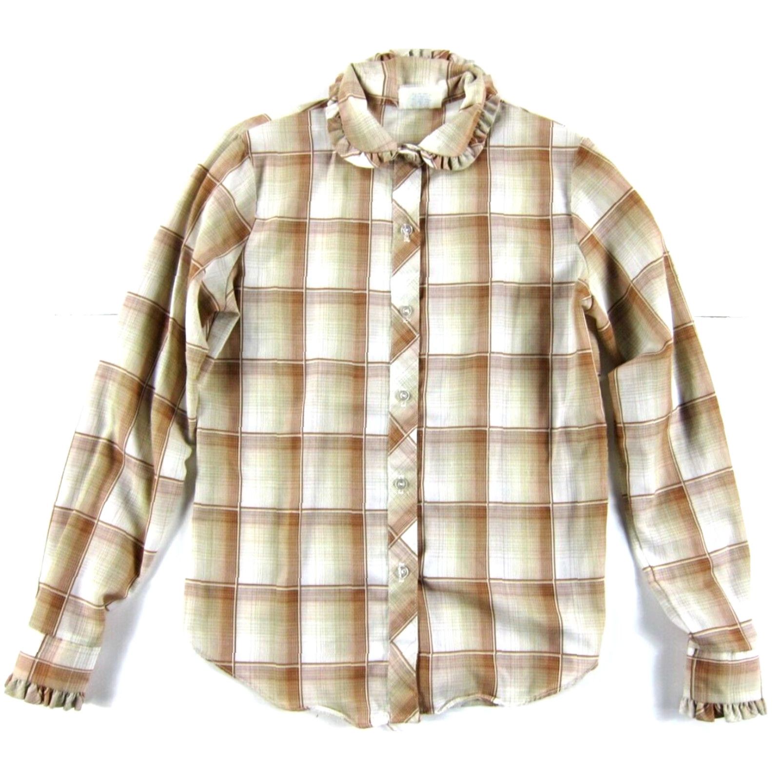Vintage VINTAGE Shirt Accent Brown Ivory Plaid Ruffle Neck Long Sleeve Blouse Woman S Size S / US 4 / IT 40 - 2 Thumbnail