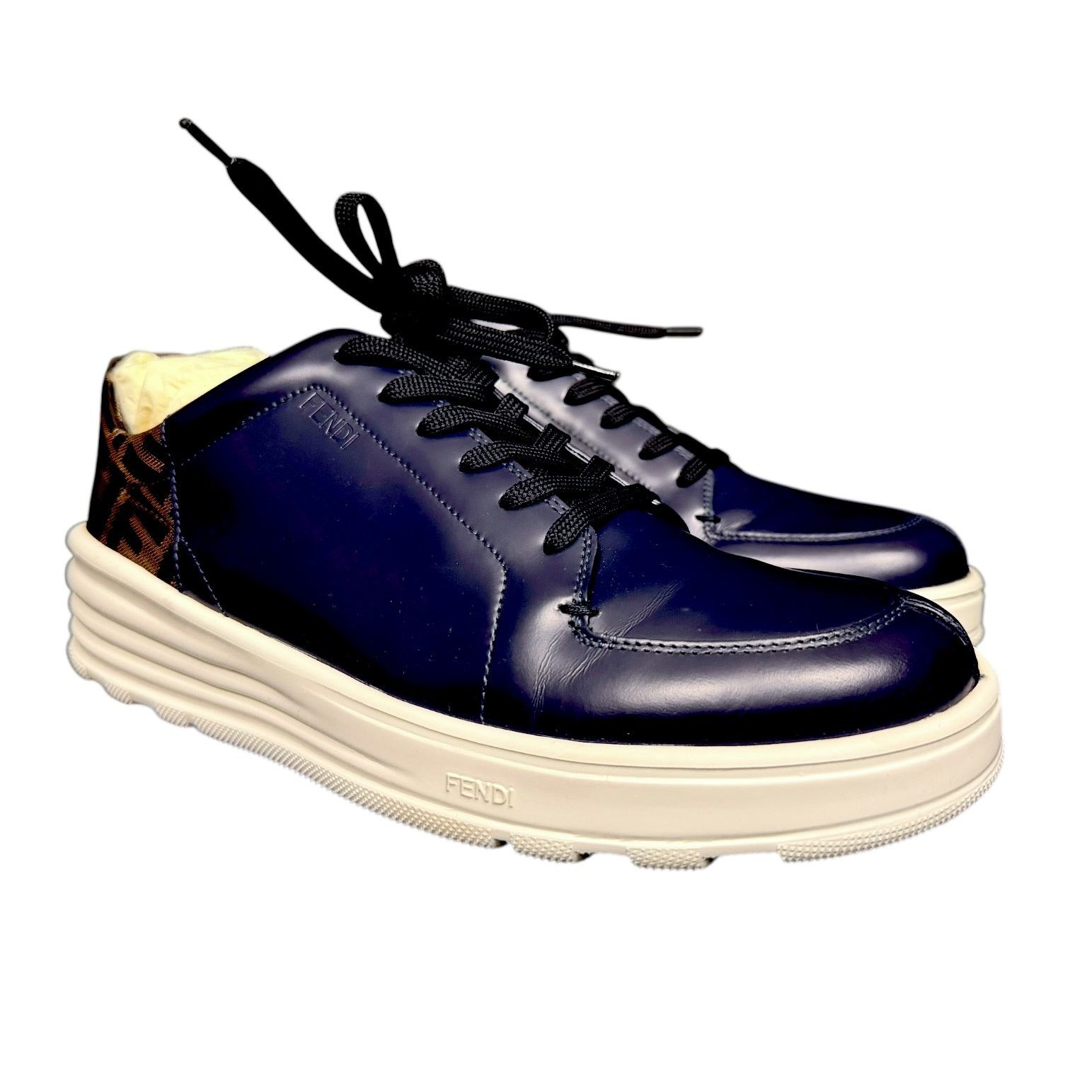 Fendi Men's Fendi FF Navy Zucca Low Top Leather Shoes US8 $975 Size US 8 / EU 41 - 1 Thumbnail