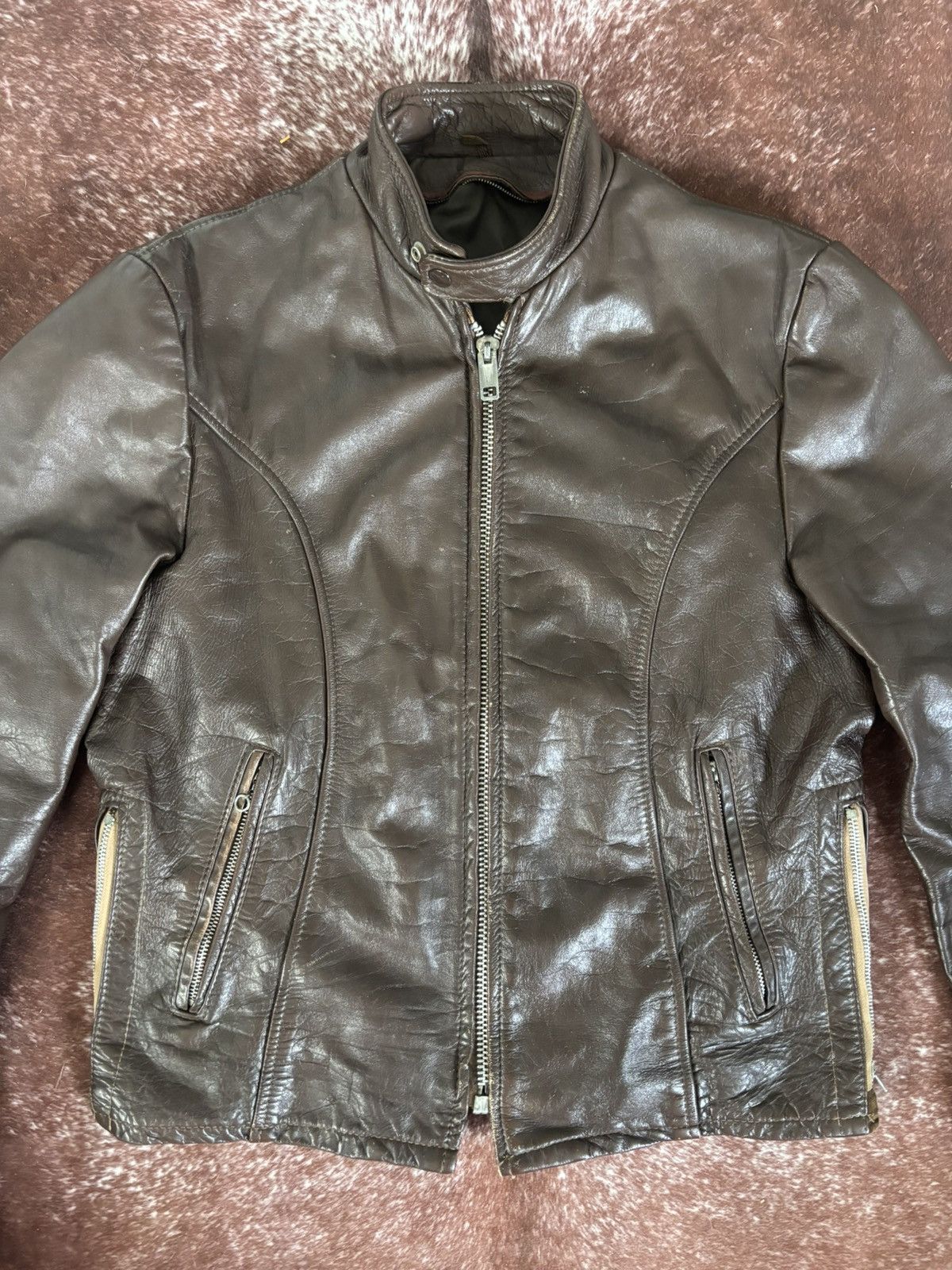 Vintage 60’s 70’s VINTAGE MENS BROWN LEATHER CAFE MOTORCYCLE JACKET Size US M / EU 48-50 / 2 - 8 Thumbnail