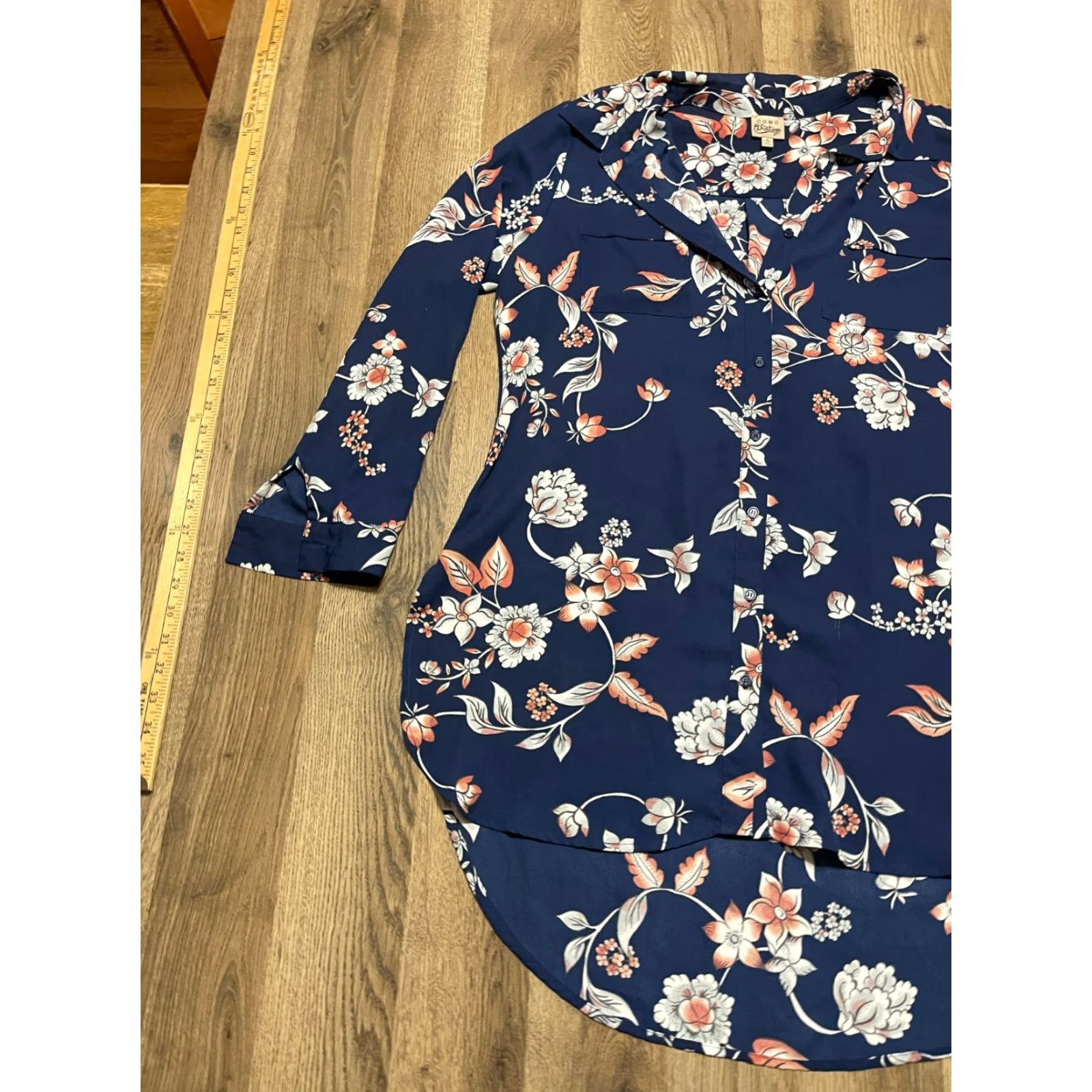 Vintage Como Shirt, Womens Medium Blue White Pink Floral Long Sleeve Button Up Size M / US 6-8 / IT 42-44 - 3 Thumbnail