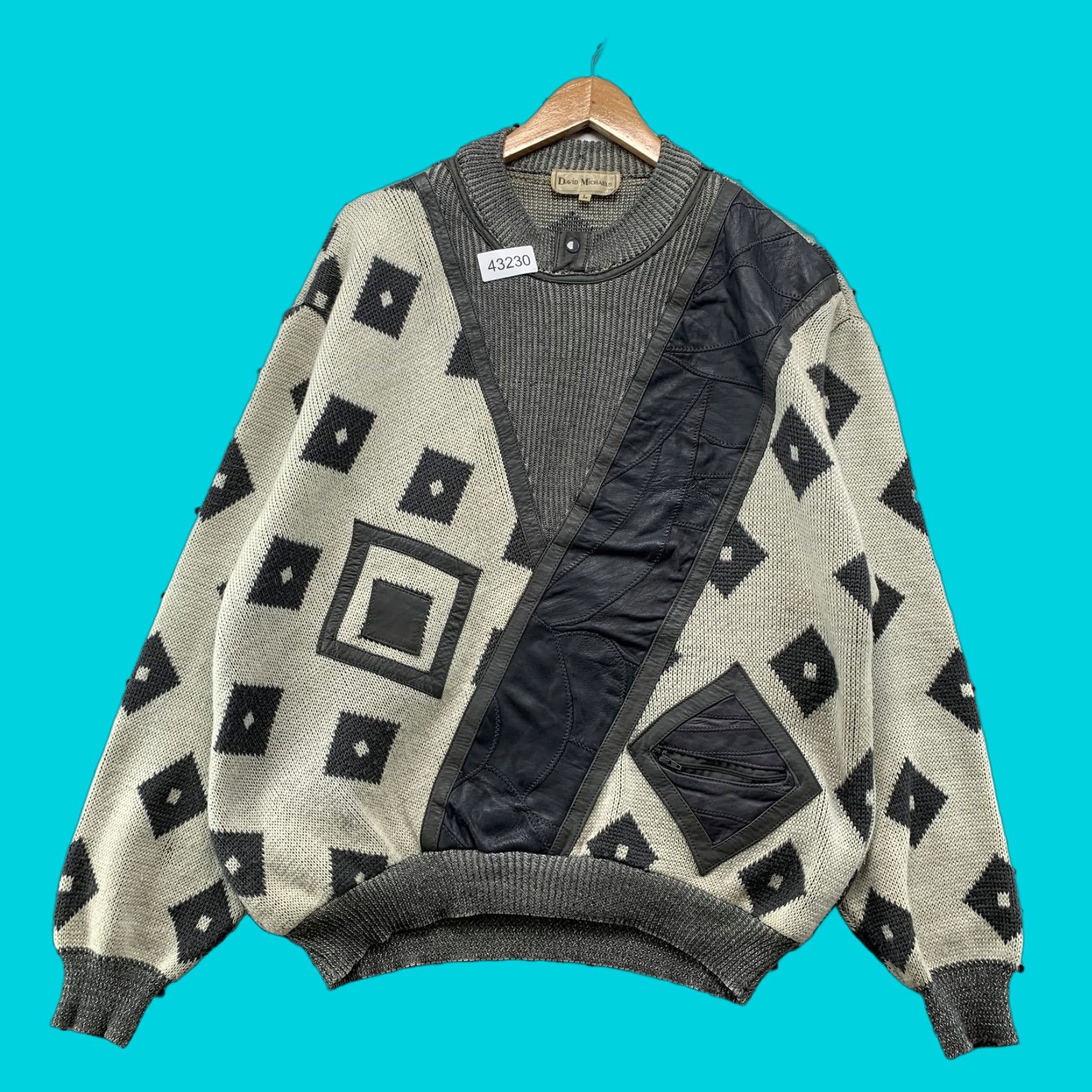 Vintage VINTAGE David Michaels Leather Knit Sweater Shirt Mens Large Gray Argyle Pullover 90s Mens Size US L / EU 52-54 / 3 - 1 Thumbnail