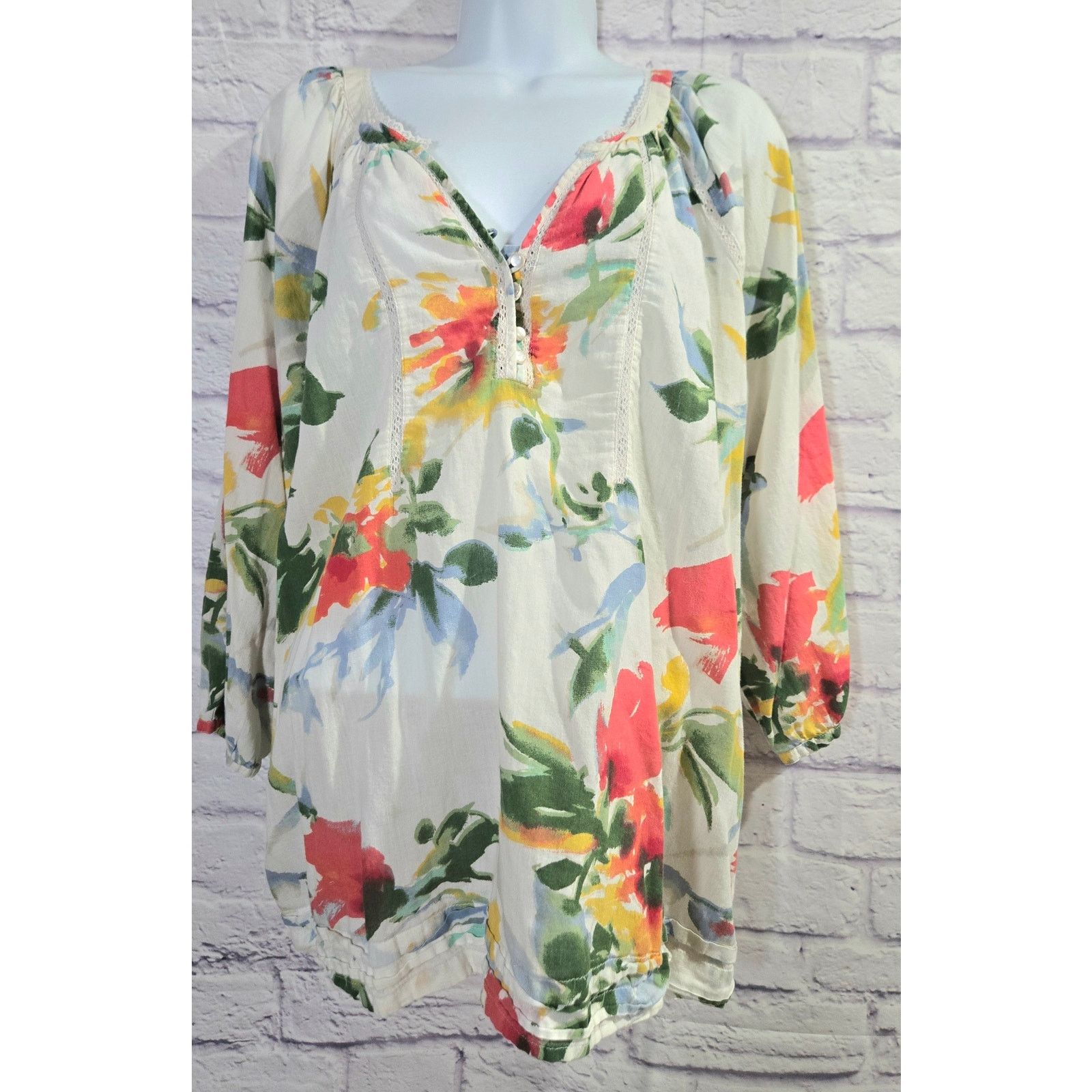 Other INTRO White Multicolor Floral Print Boho Top XL Lightweight Size XL / US 12-14 / IT 48-50 - 1 Thumbnail