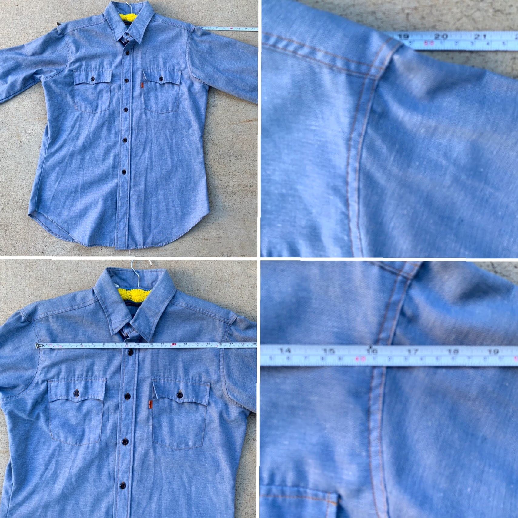 Vintage VINTAGE Levi’s Chambray Shirt Embroidered Gnome Gnomes Western Work Orange Tab L Shirt Men’s 1970s Blue PolyCotton Long Sleeve Slim Fit Casual Mens Size US L / EU 52-54 / 3 - 7 Thumbnail