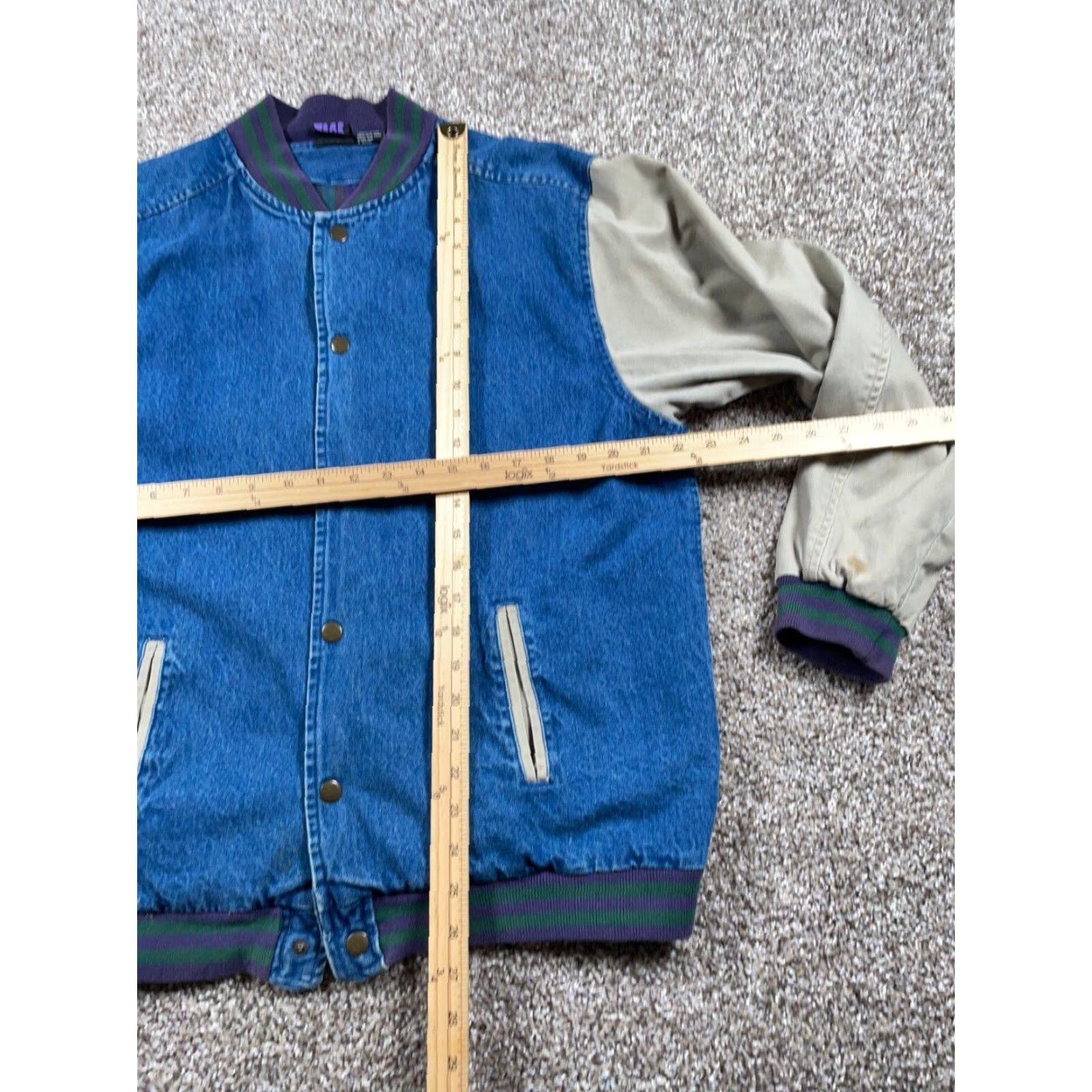 Denime VINTAGE Denim Bomber Jacket Men XL Blue Beige Tartan Lining Snap Front 90s Retro Preppy Pockets Size US XL / EU 56 / 4 - 5 Thumbnail