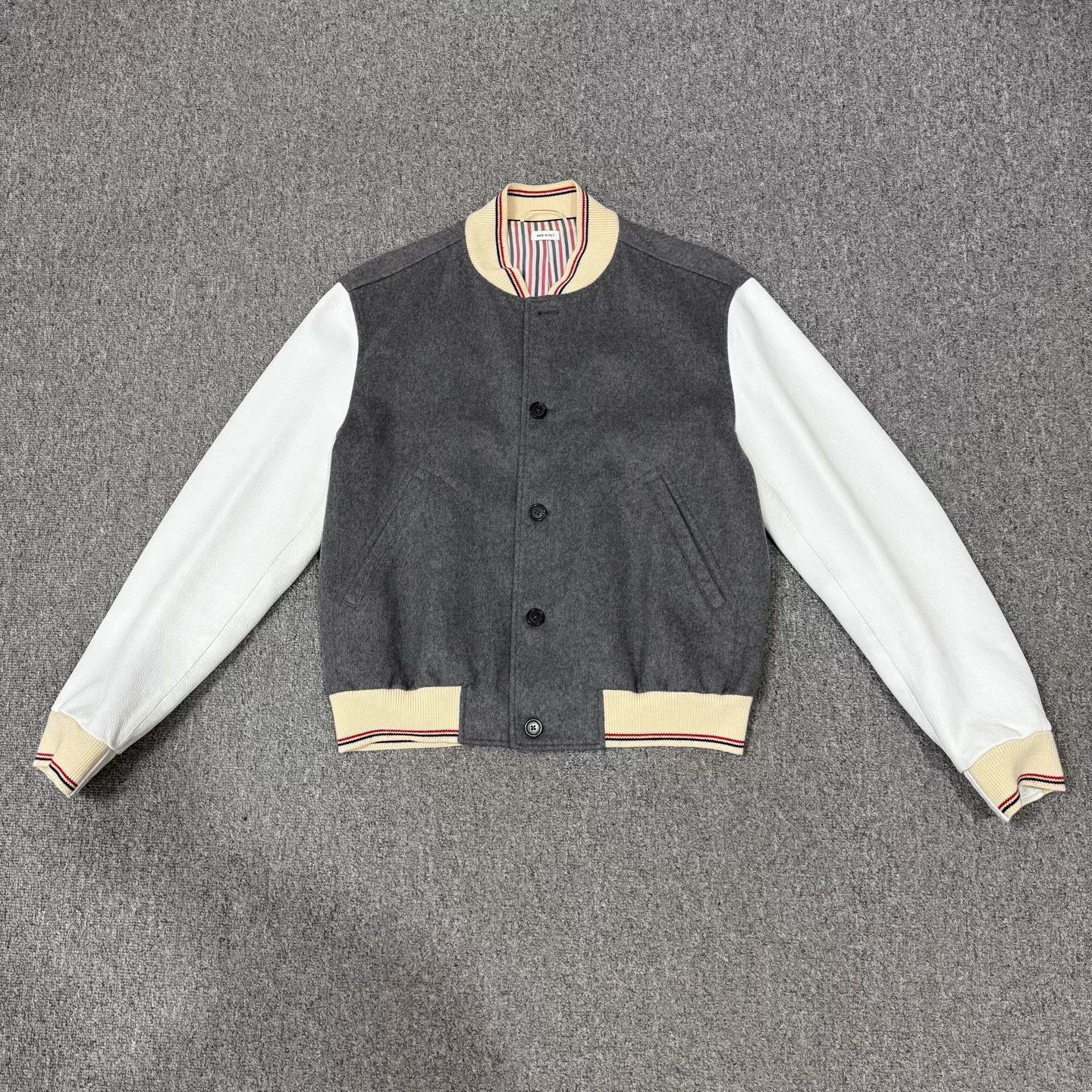 Thom Browne TB gray white leather sleeve panel jacket 1 99 Size US S / EU 44-46 / 1 - 1 Thumbnail