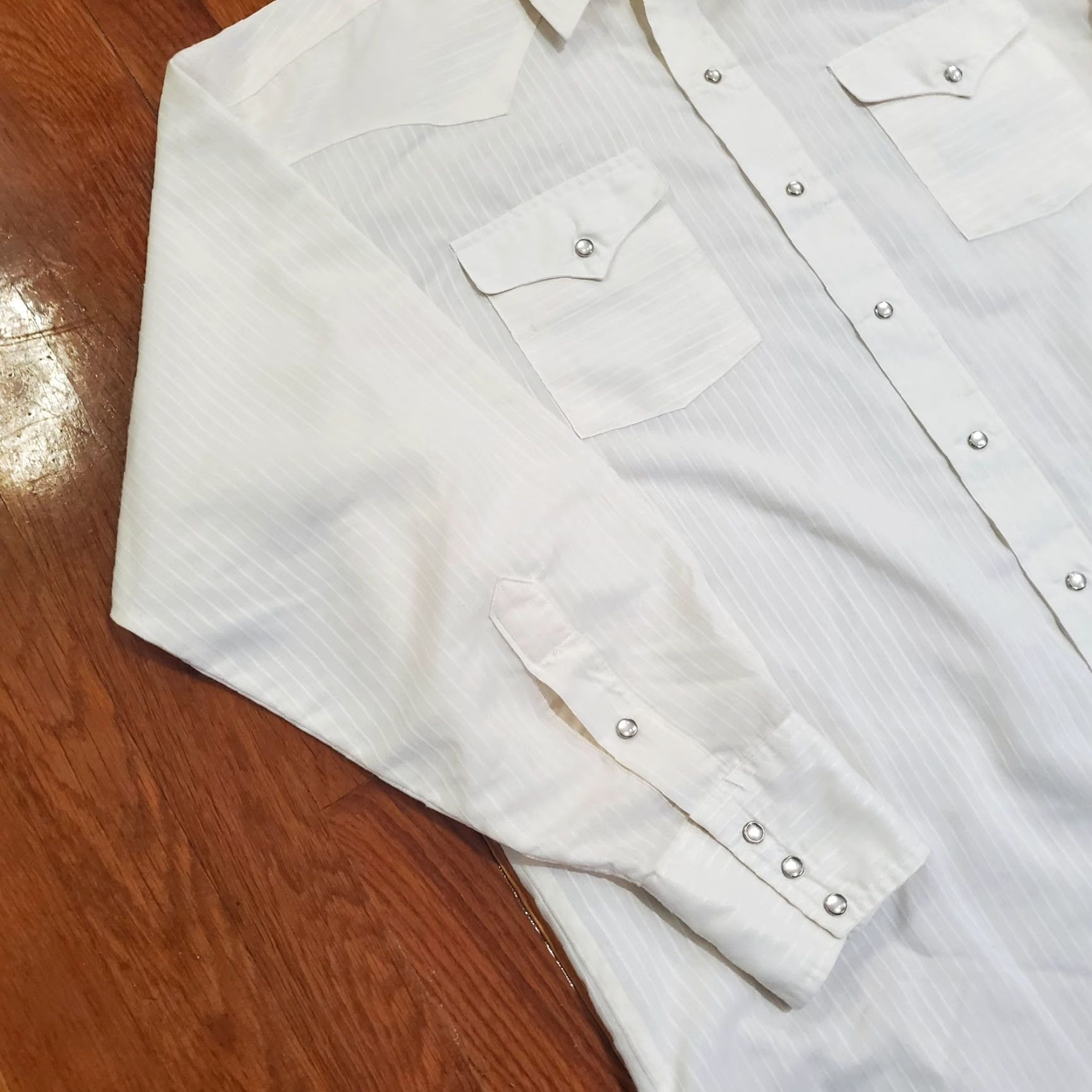 Vintage VINTAGE Panhandle Slim Shirt Western Striped 17.5 34 Pearl Snap Made USA Cowboys Beige White Cotton Twill Button-Up Casual Mens Size US XXL / EU 58 / 5 - 2 Thumbnail