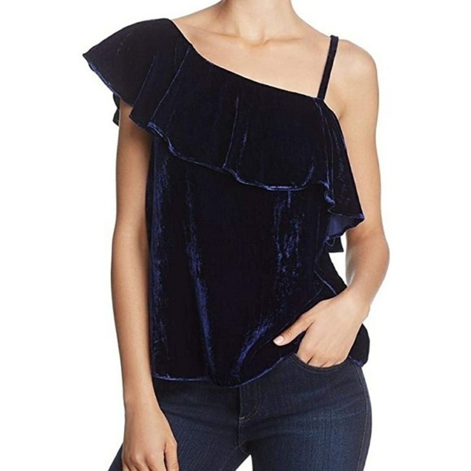 Stay Dirty Clothing J.O.A. Velvet Rufle One Shoulde Shirt top Y2K Navy M A002007 Size M / US 6-8 / IT 42-44 - 1 Thumbnail
