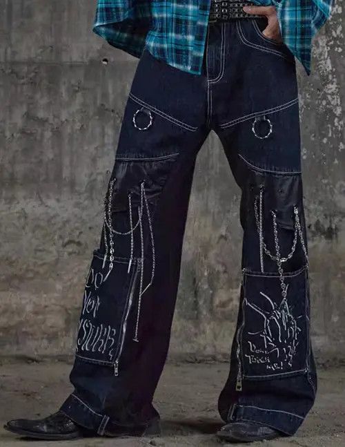 VIBE Street punk detachable patchwork washed Harajuku style jeans Size US 32 / EU 48 - 6 Thumbnail