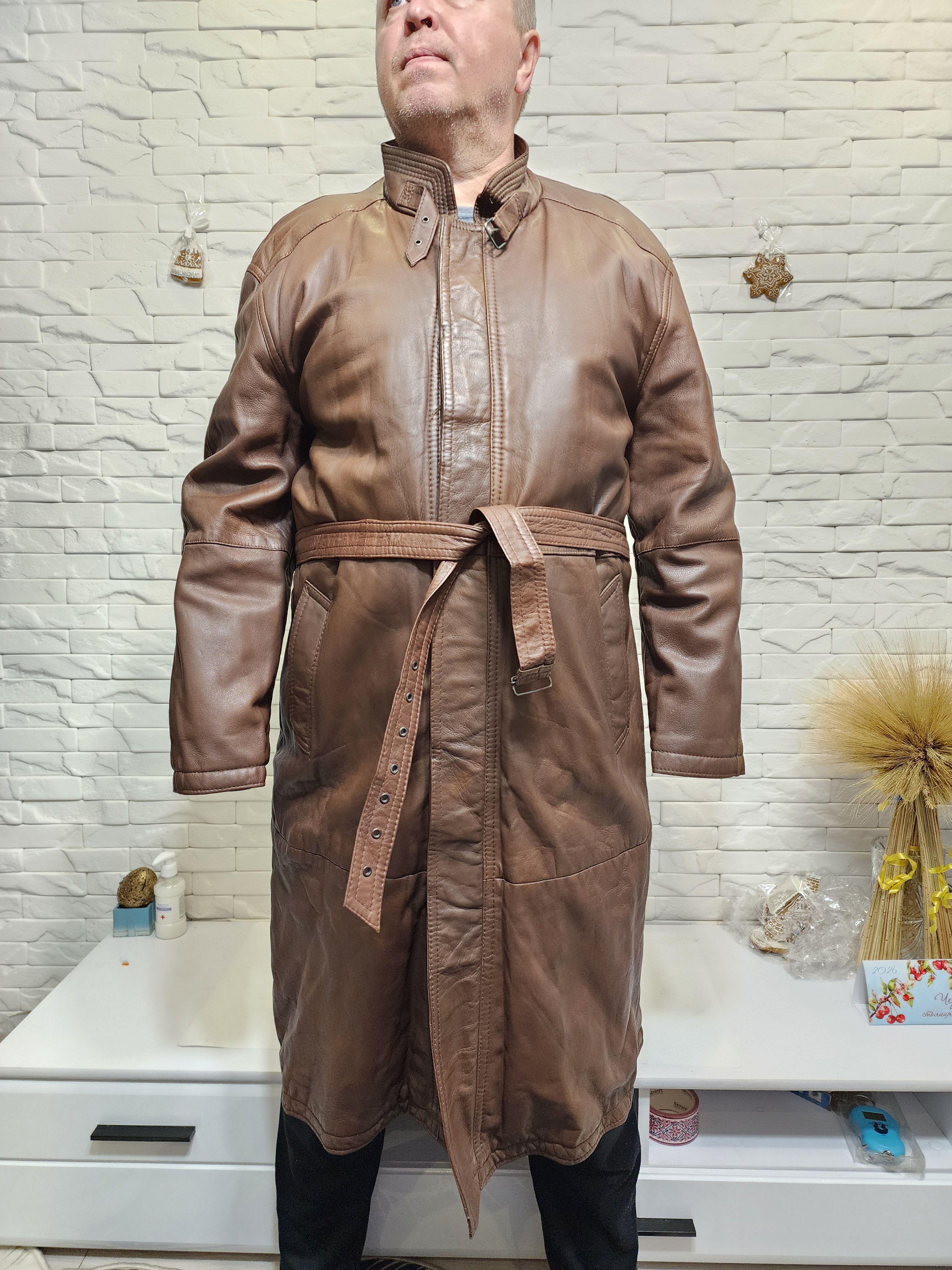 Uniqlo Brown Genuine Leather Men's Coat with Belt Size US XL / EU 56 / 4 - 1 Thumbnail
