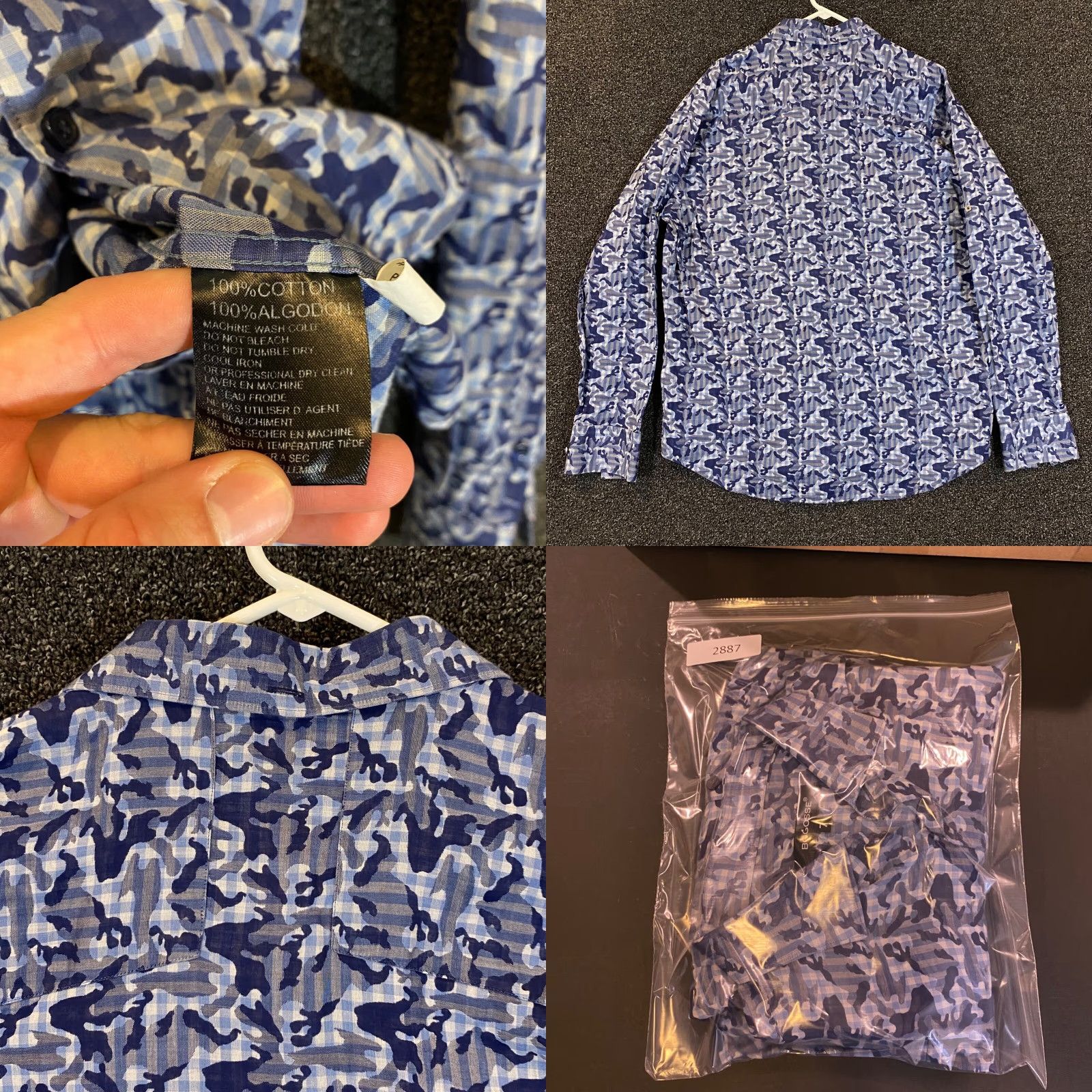 Vintage Bogosse Shirt Mens 3XL Blue Camo Long Sleeve Button-Up Top with French Cuff, Button Up, Casual Formal Workwear Size US XXL / EU 58 / 5 - 8 Thumbnail