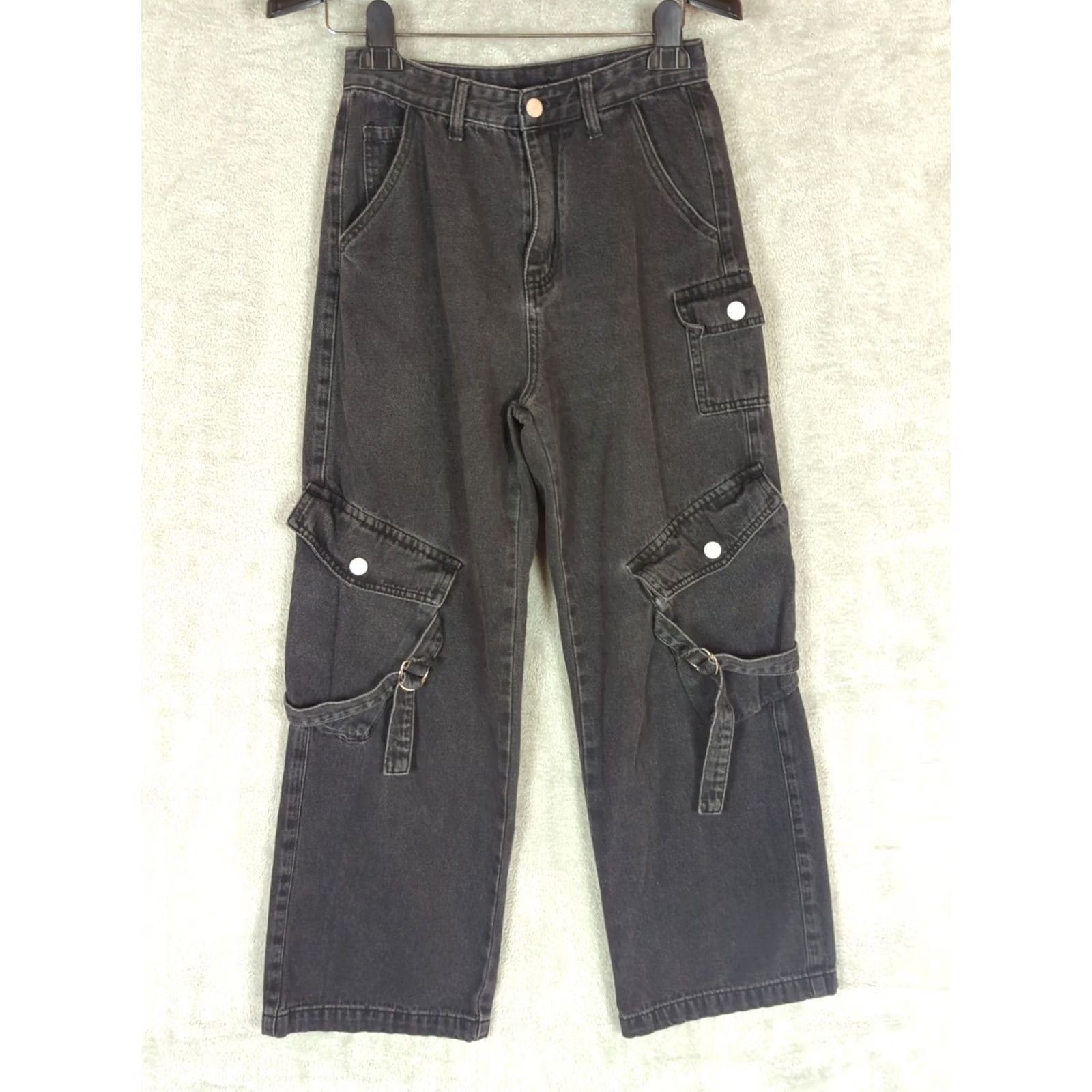 Cider Cider Black Denim Wide-Leg Cargo Jeans Womens S Grunge Goth Modern Relaxed Fit Mid Rise Wide Leg Cargo Pocket Dark Wash Button Zip Size 28" / US 6 / IT 42 - 2 Thumbnail