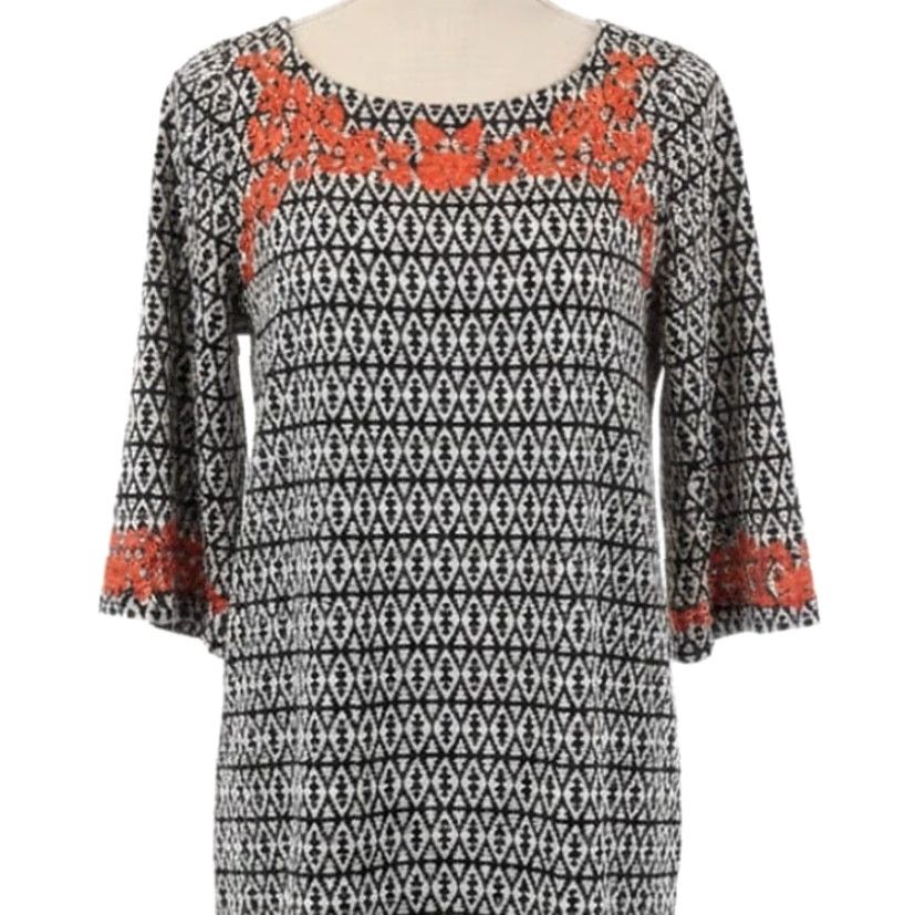 Vintage THML Mini Dress PM Black White Orange Embroidered Boho Hippie Artsy Dress Short Long Sleeve Women Petite Size M / US 6-8 / IT 42-44 - 2 Thumbnail