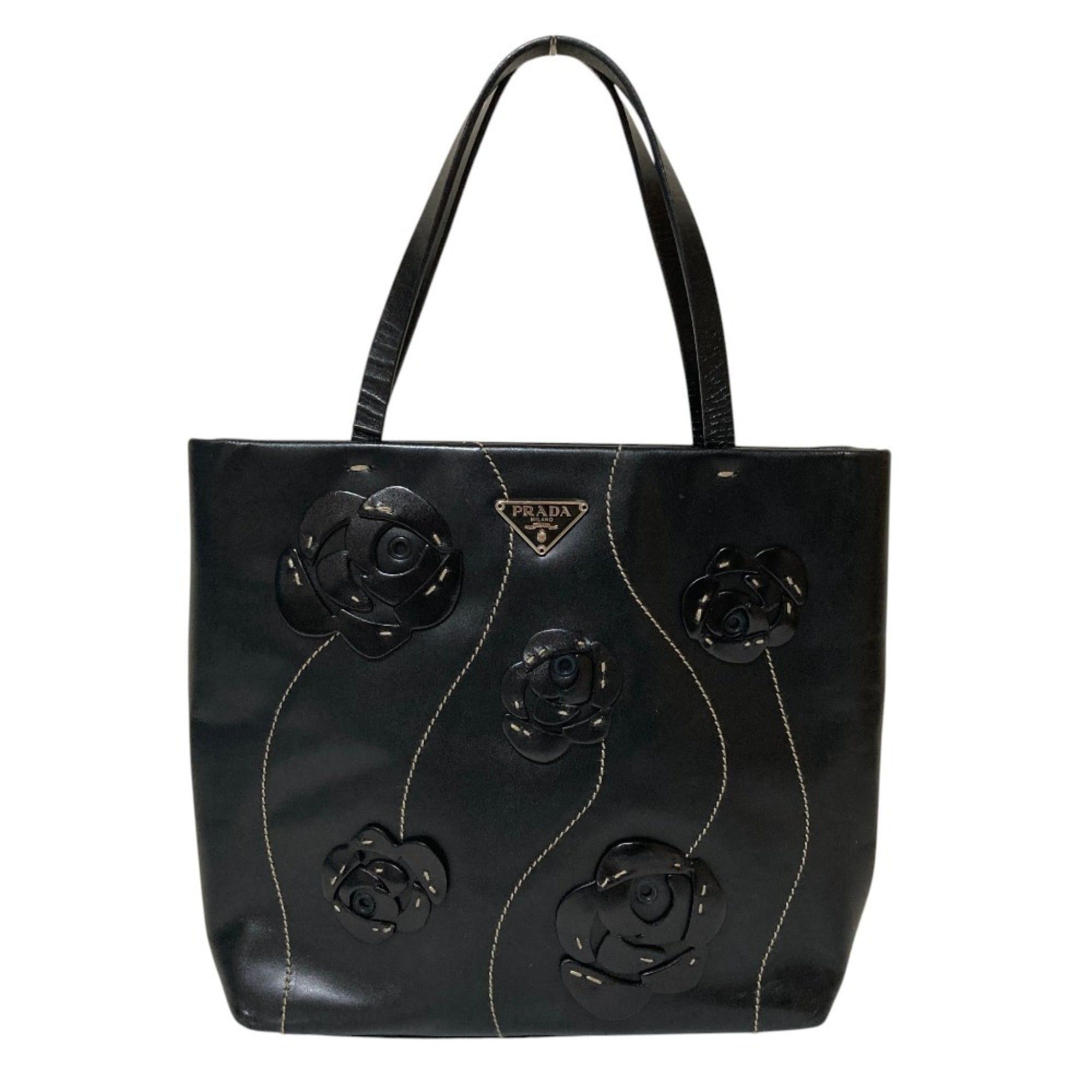 Prada PRADA Triangle Logo Plate Flower Motif Leather Handbag B11285 Black Women's Size ONE SIZE - 1 Thumbnail