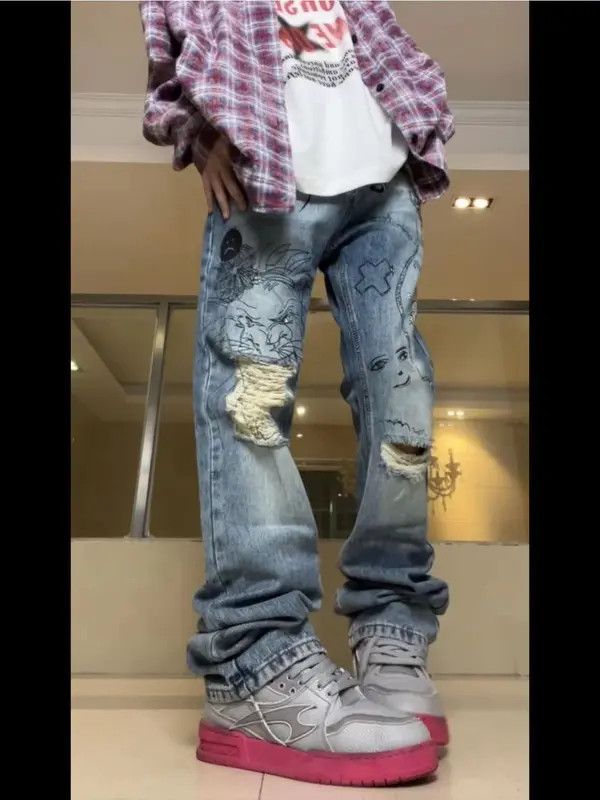 Japanese Brand VIBE Street hand-painted graffiti printed ripped jeans Size US 34 / EU 50 - 4 Thumbnail
