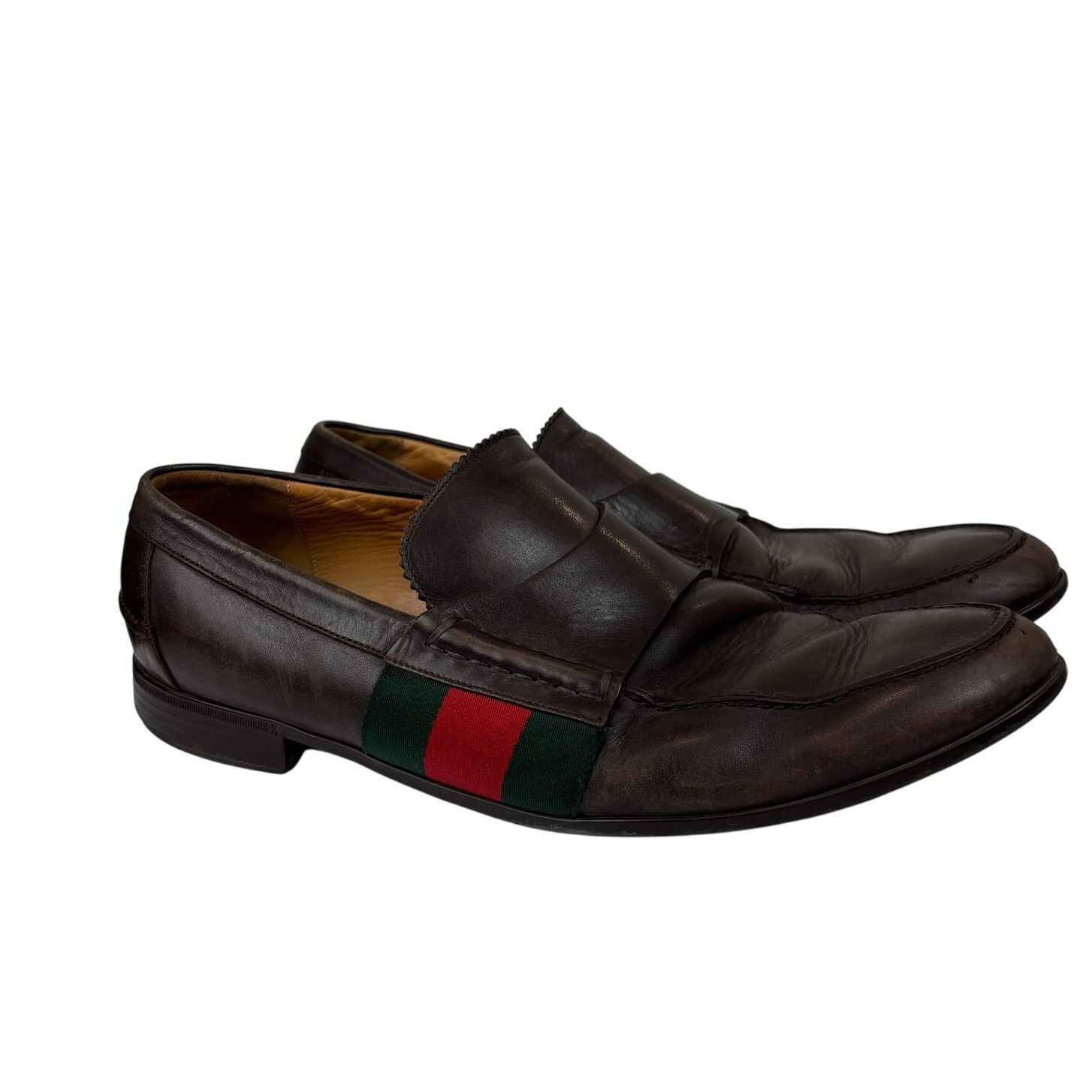 Gucci Gucci Brown Leather Web Slip On Loafers Men's 9 Size US 9 / EU 42 - 1 Thumbnail