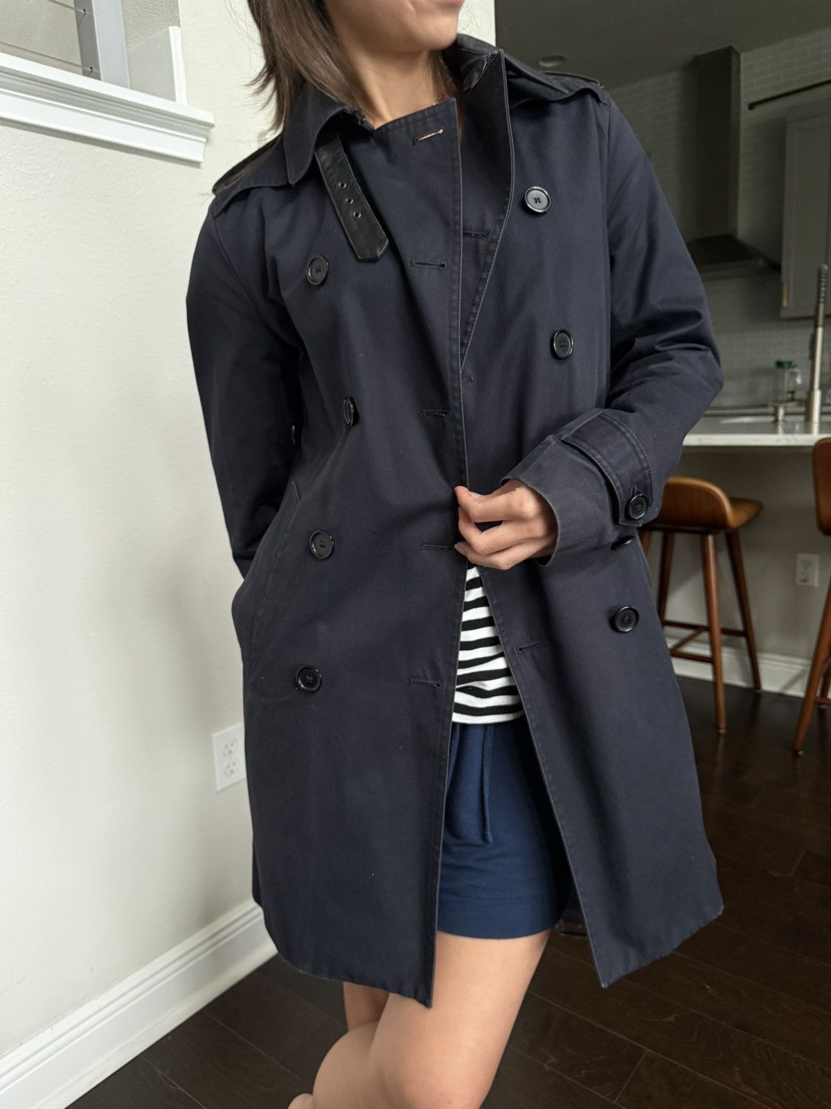 Sandro Sandro Paris Navy Double Breasted Raincoat Leather Details Size M / US 6-8 / IT 42-44 - 1 Thumbnail