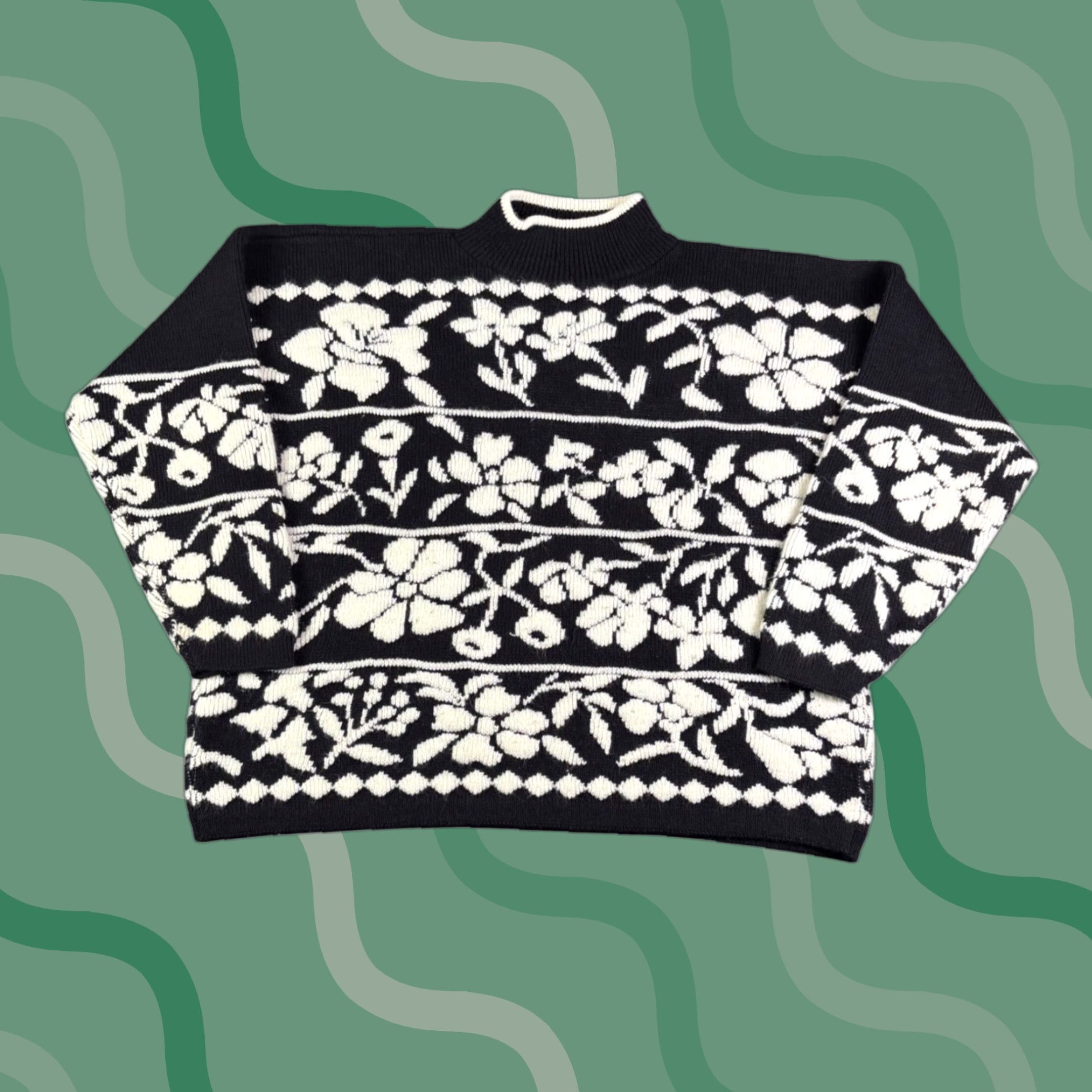 Vintage VINTAGE Carriage Court Black White Floral Mock Neck Knit Sweater Women's Unisex Adults L Wool Size L / US 10 / IT 46 - 1 Thumbnail