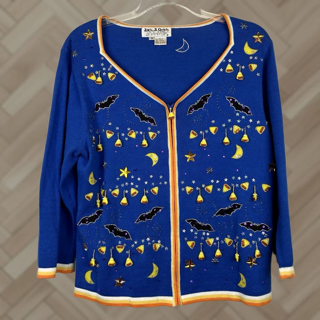 Vintage VINTAGE Jack B Quick Halloween Embroidered Cardigan Sweater Womens M Blue Ghost Knit Casual Fall 21.5" 19" Ramie Cotton Rayon Acrylic Size M / US 6-8 / IT 42-44 - 1 Thumbnail