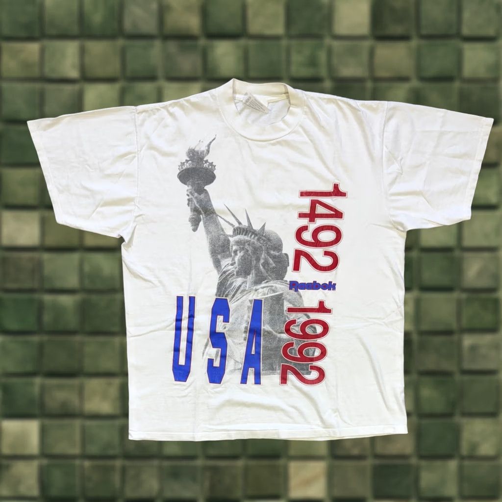Reebok VINTAGE Reebok White Cotton Tee T-Shirt XL Men Shirt 1992 Statue Of Liberty USA 1492 1992 Mens White Cotton Tee Size US XL / EU 56 / 4 - 1 Thumbnail