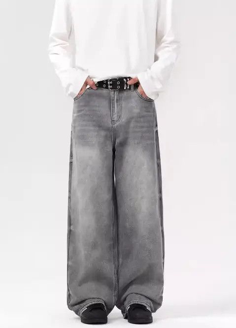 Hypebeast × Japanese Brand × Jean Pants American grey washed distressed loose straight jeans Size US 32 / EU 48 - 1 Thumbnail