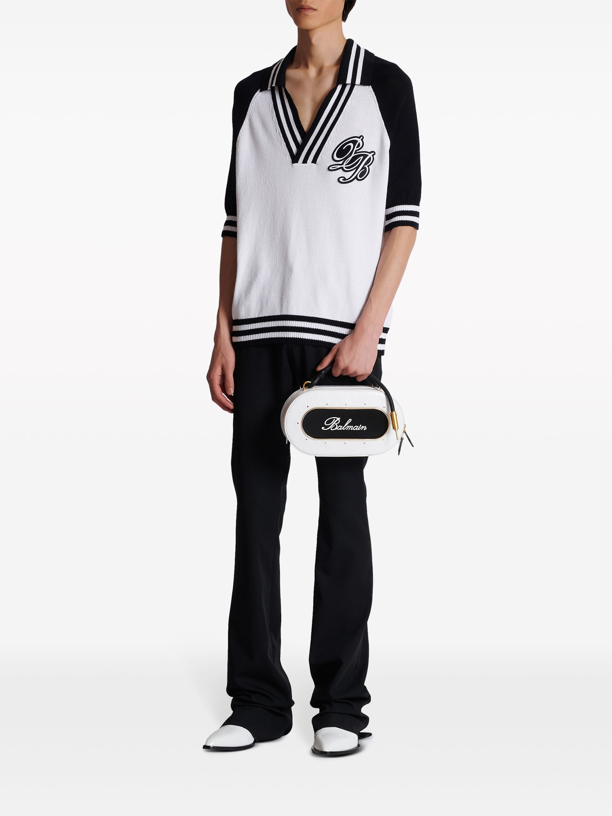 Balmain o1s1wg110125 Knitted Polo Top in White Black Size US S / EU 44-46 / 1 - 2 Thumbnail