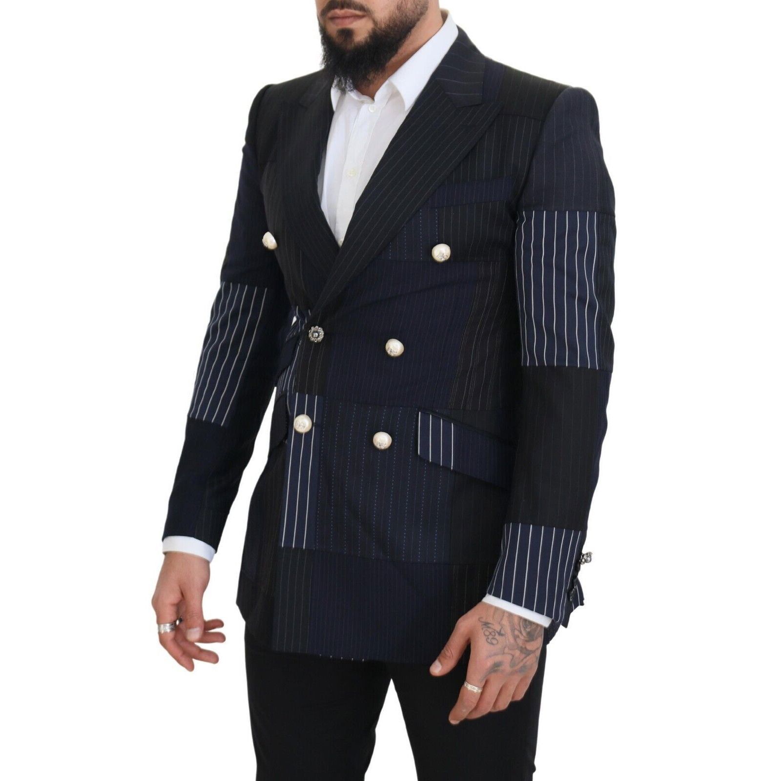 Dolce & Gabbana Dolce & Gabbana Blue Wool Patchwork Double Breasted Blazer Size 46S - 2 Thumbnail