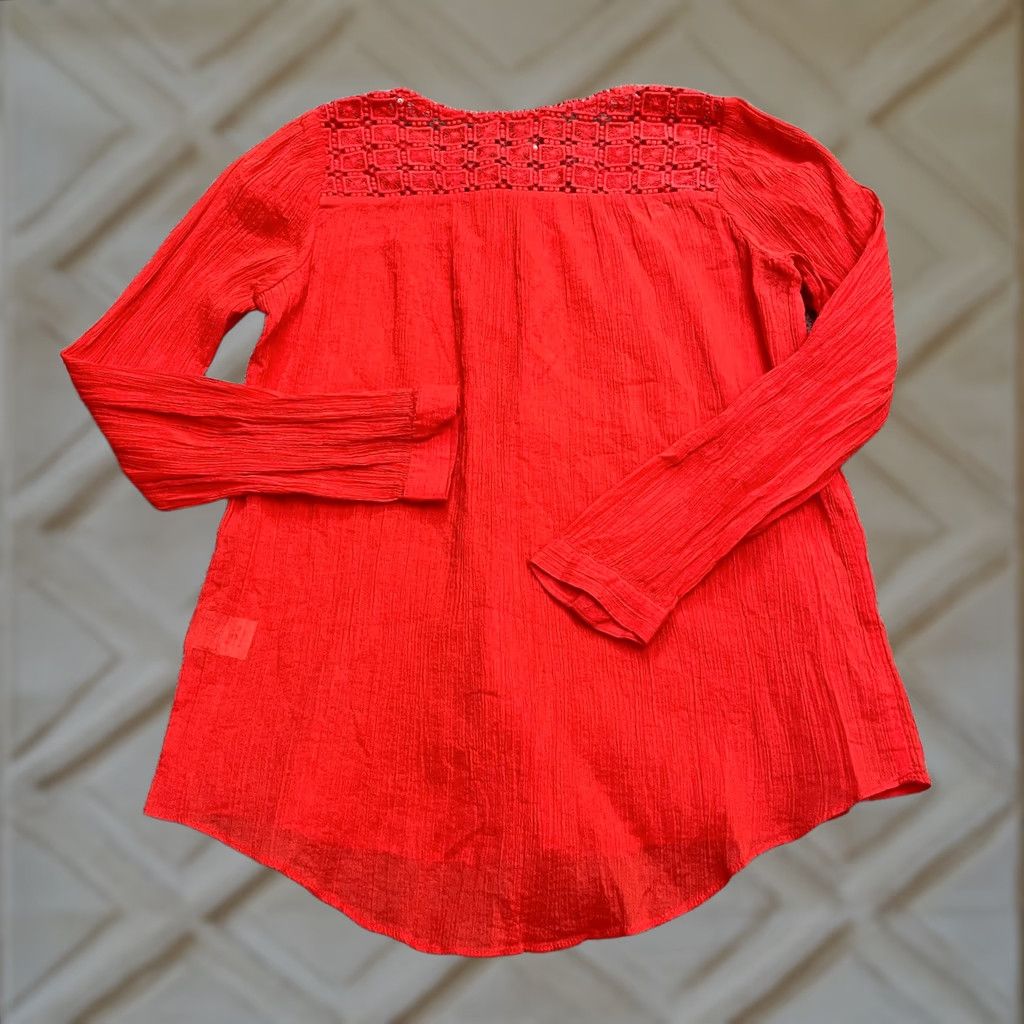J.Crew J.Crew Blouse Shirt Womens 00 Red Long Sleeve Round Neck Button Embroidered Tunic Cotton Casual Size S / US 4 / IT 40 - 1 Thumbnail