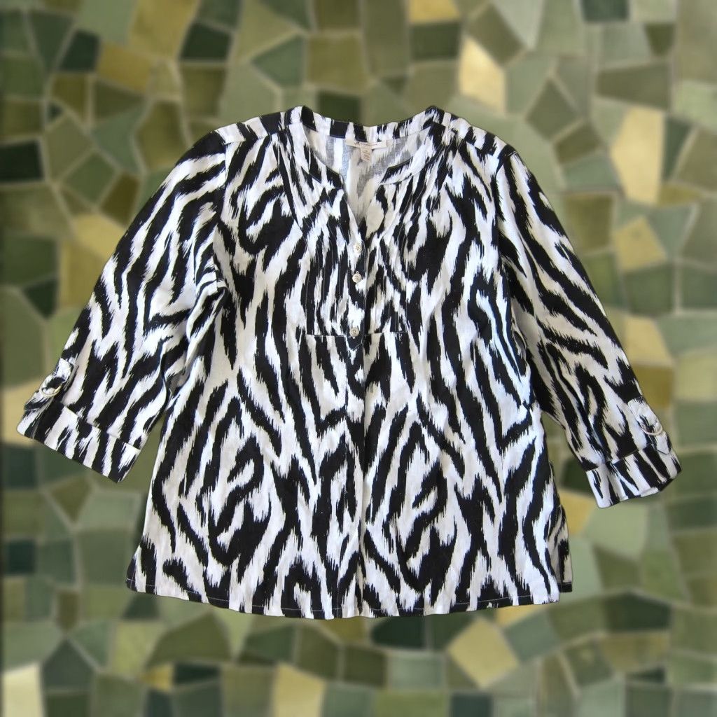 JM Collection JM Collection 100% Linen Black White Zebra Button Down 3/4 Sleeve Blouse 12 Women Shirt Blouse Zebra 12 Womens Size XL / US 12-14 / IT 48-50 - 1 Thumbnail