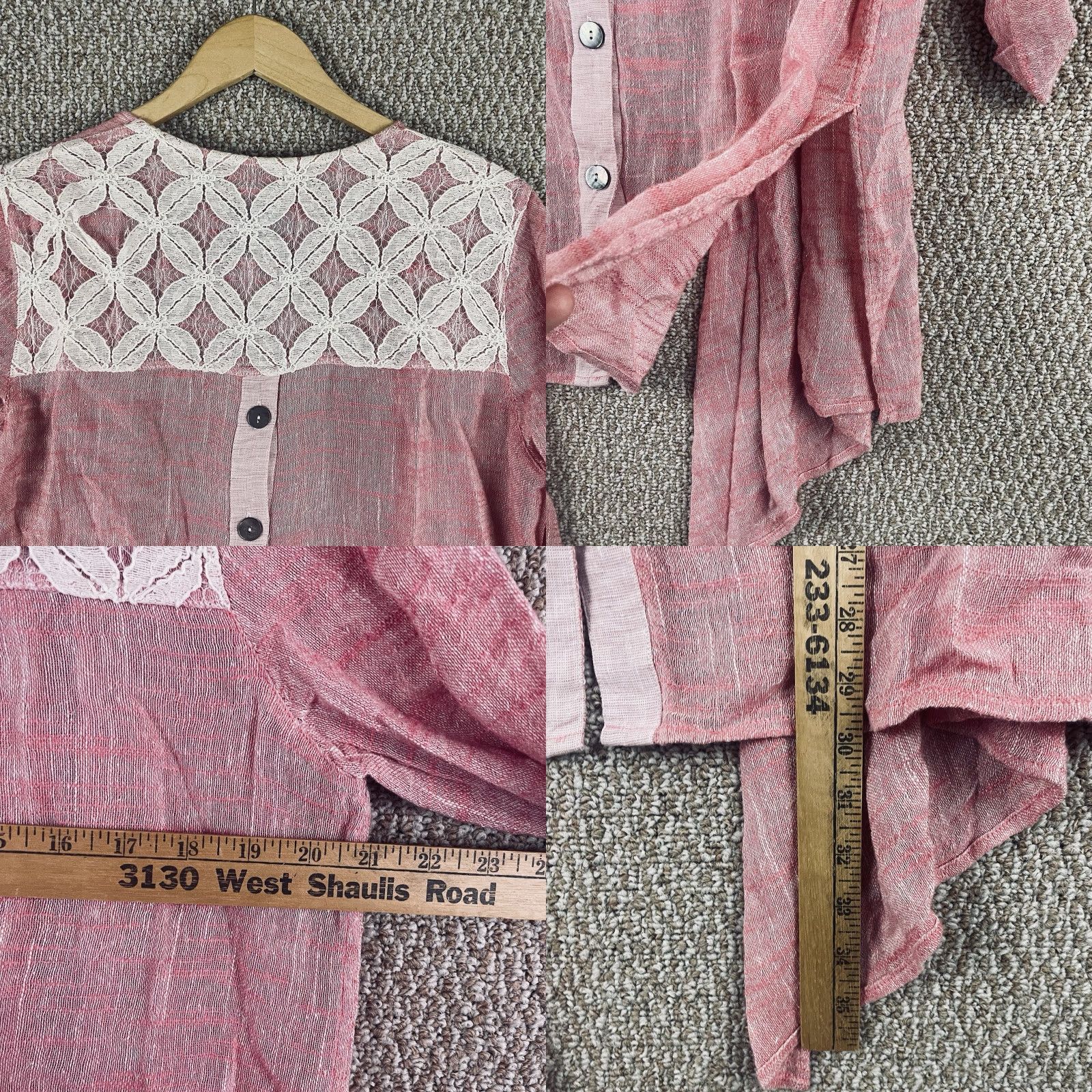 Vintage John Mark Cardigan Small Pink Linen Blend Open Front Lace 3/4 Sleeve Shawl Neckline Womens Cardigan 90s Bohemian Vintage No Size S / US 4 / IT 40 - 8 Thumbnail