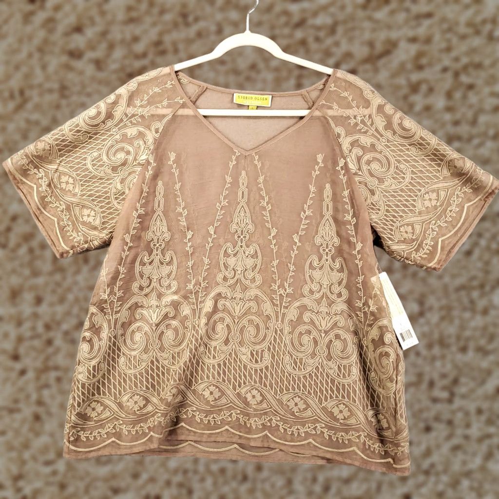 Vintage Sigrid Olsen Blouse Shirt Womens L Brown Tan Embroidered Sheer V-Neck Short Sleeve NWT W/ Tags Size L / US 10 / IT 46 - 1 Thumbnail