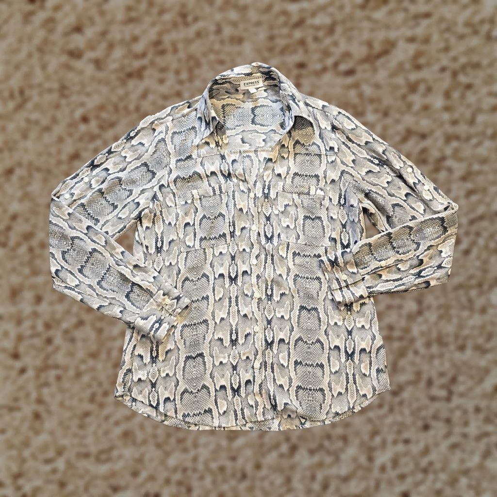 Express Express Top Womens Small Gray Snakeskin Portofino Sheer Long Sleeve Career Blouse Size S / US 4 / IT 40 - 1 Thumbnail