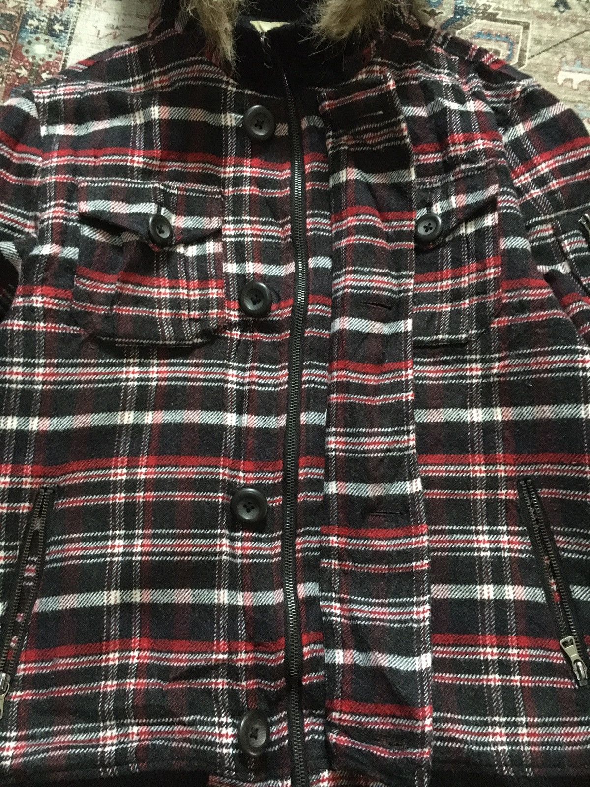 If Six Was Nine × Japanese Brand × Le Grande Bleu (L.G.B.) Cox Plaid Fur Hooded Jacket Size US L / EU 52-54 / 3 - 5 Thumbnail