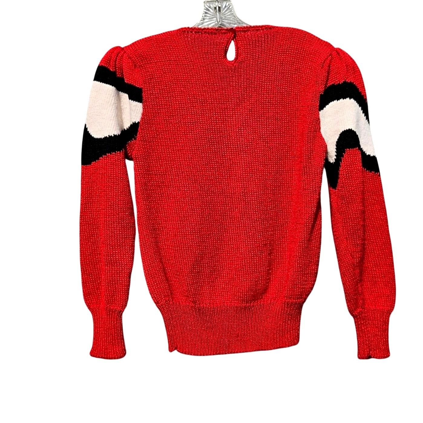 Vintage Vintage 80s Red Black Ivory Wave Knit Puff Shoulder Sweater Size S / US 4 / IT 40 - 5 Thumbnail