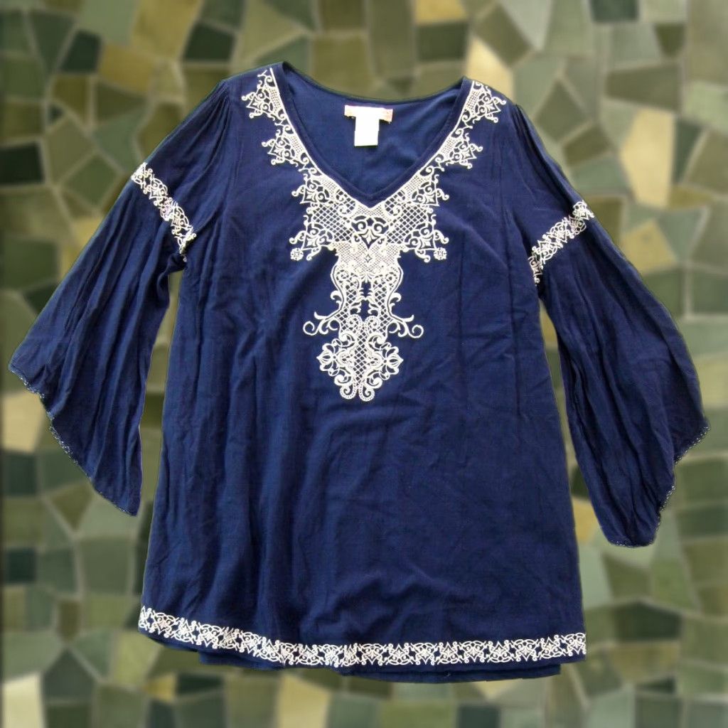 Vintage VINTAGE Flying Tomato 100% Rayon Navy Blue Ivory Embroidered Long Sleeve Tunic Dress 1X Size XL / US 12-14 / IT 48-50 - 1 Thumbnail