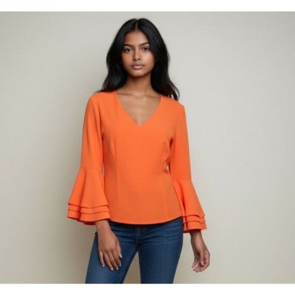 Bebe Bebe Y2K Orange Tiered Bell Sleeve Blouse XS V Neck 2000s EU Size XS / US 0-2 / IT 36-38 - 1 Thumbnail