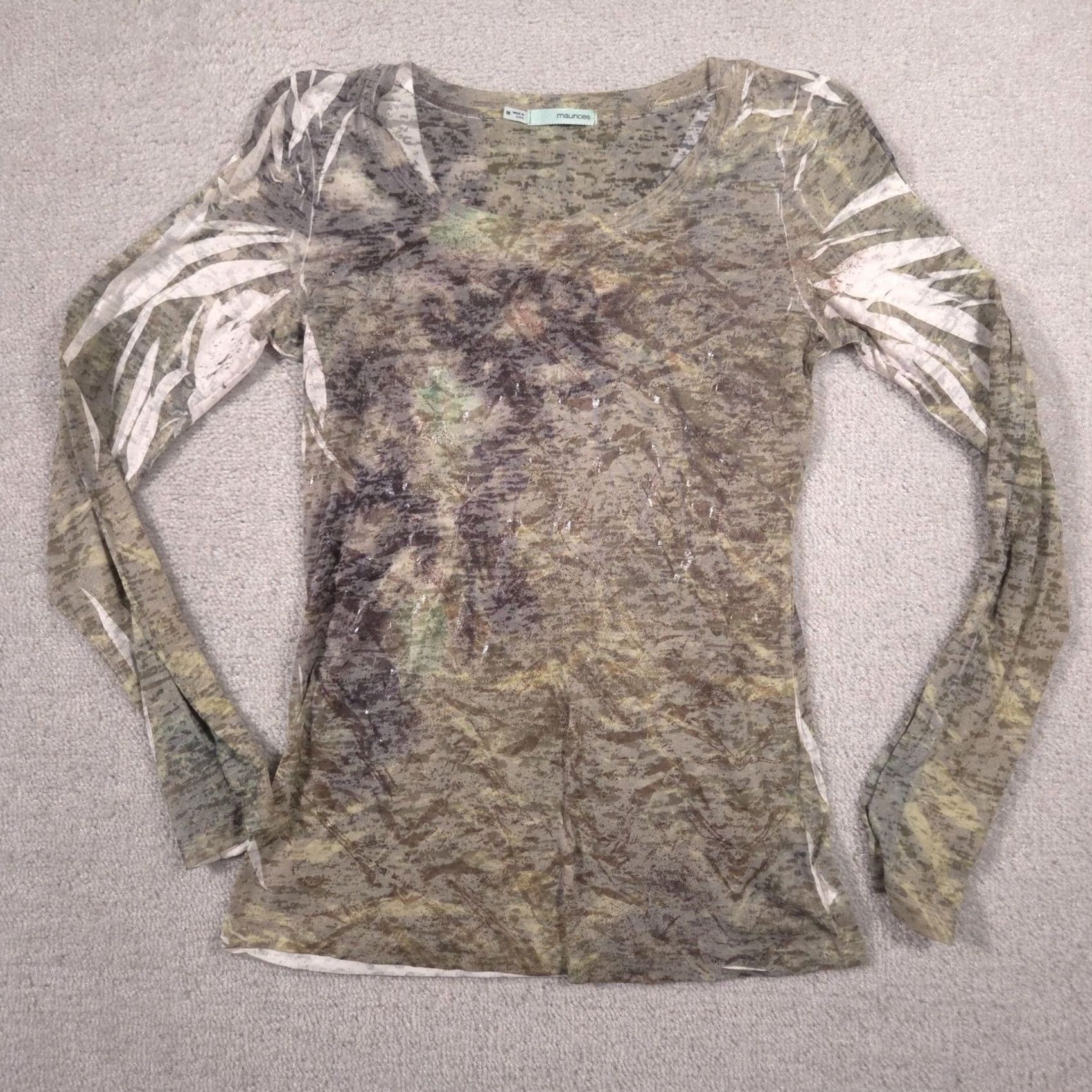 Vintage Maurices Shirt Womens Medium Green Floral Glitter Sheer Scoop Neck Tee Top Size M / US 6-8 / IT 42-44 - 2 Thumbnail