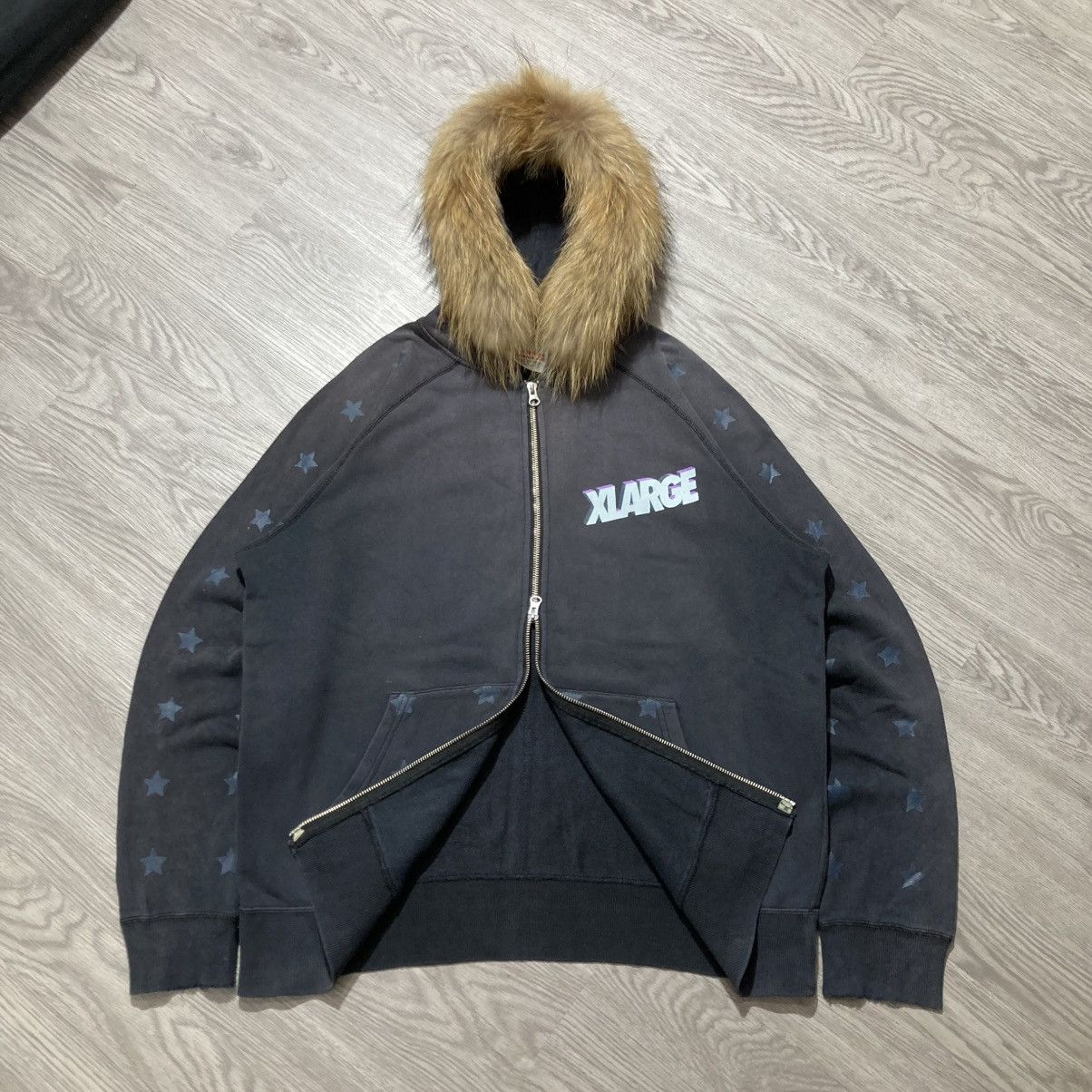 Japanese Brand Vintage Trashed Xlarge Stars Logo Fur Ziphoodie Y2k Black Size US XL / EU 56 / 4 - 9 Thumbnail